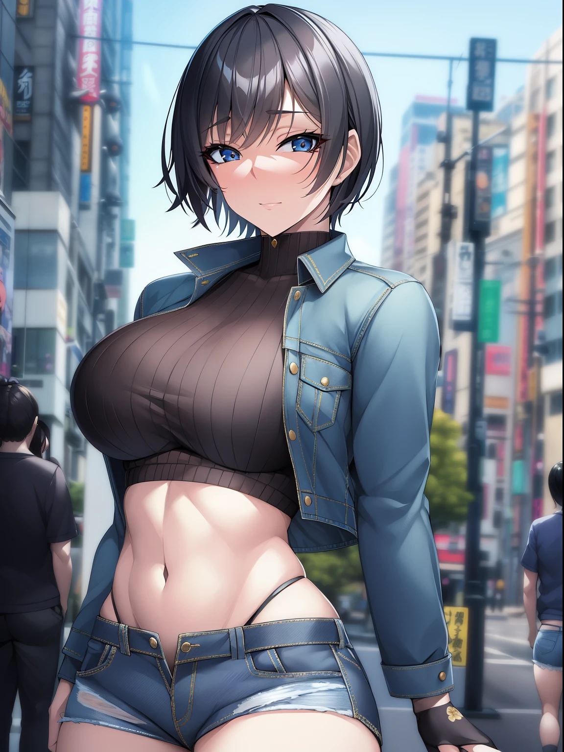 Masterpiece,8k, perfect face highly detailed,HDR, ultra realistic photoshoot, absurdres,award winning photo, extremely detailed, amazing, fine detail, 
KazAsuka, Japanese woman, blue crop top, big breasts, denim jacket and minishorts, short black hair, MMA gloves, posing for a picture, in the streets of Osaka