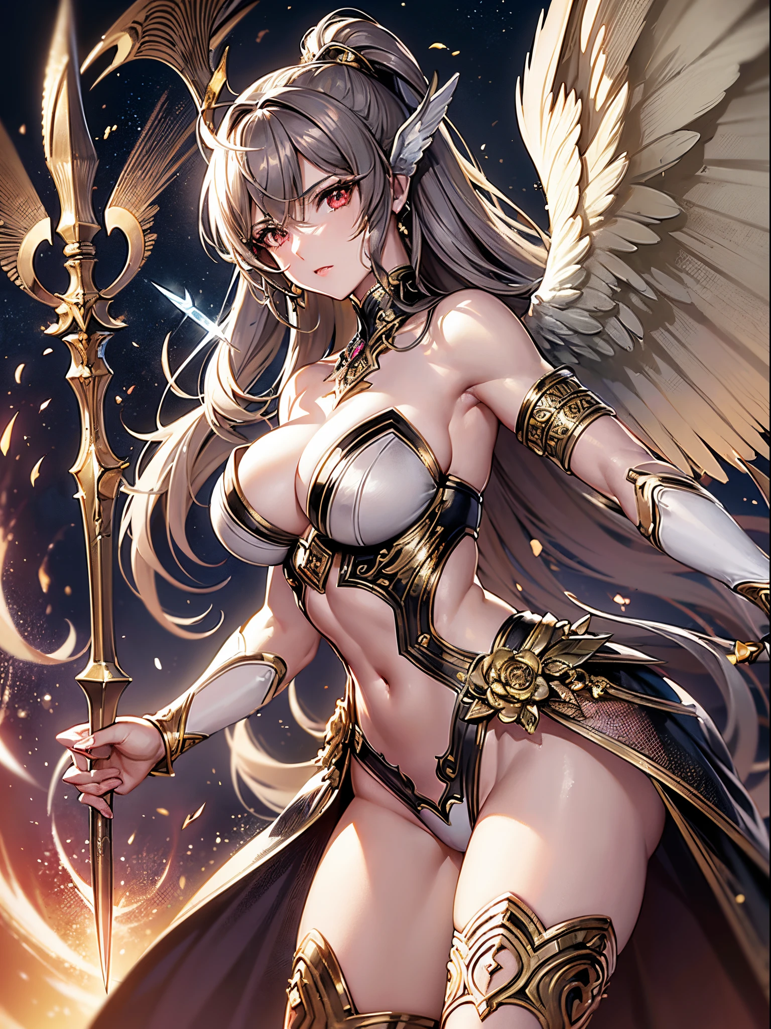 (Finest quality)),(超A high resolution),(ultra-detailliert),(Meticulous portrayal),((best pictures)),(Finest works of art),Ultra-Precision Art,The art of astounding depiction, Fantasyart:1.5, (A female angel swinging a spear:1.7),Beautiful and well-groomed face:1.5,(toned body:1.6), demon being purified:1.5 powerful light:1.5