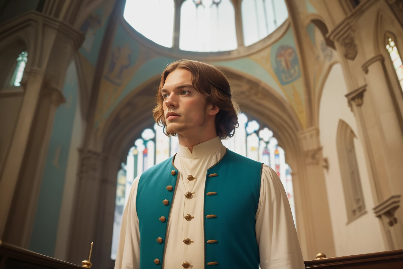 1135, England. scene with an otherworldly cathedral, 36-year-old Sam Heughan with long colorful tunics look up at the dome in awe, ((((clothing from the 12th century)))), ((Hairstyle of the 12th century)), ((Wes Anderson cinematic style)), colorful