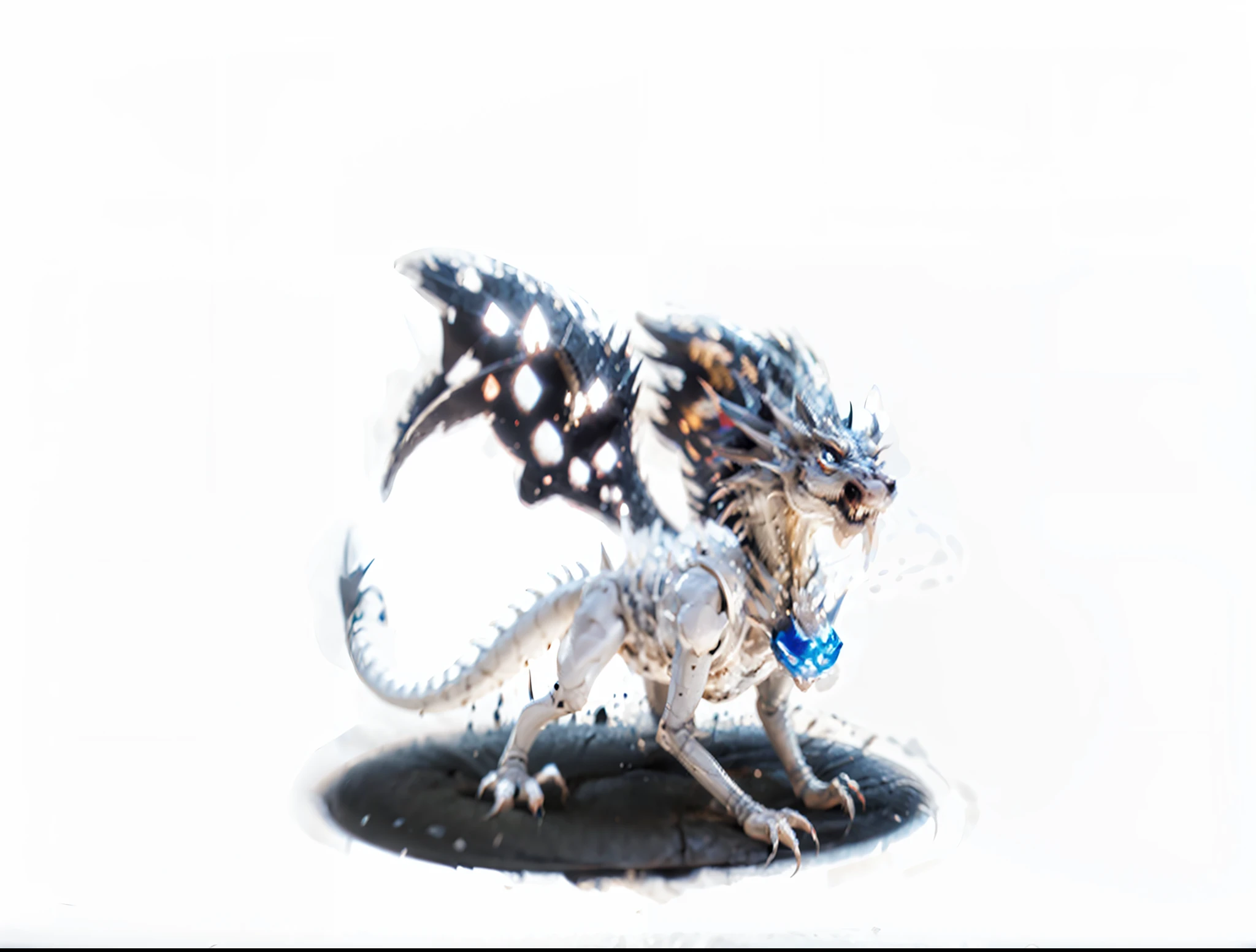 There is a dragon，A blue and white tail，A black and white tail, Crystal Dragon, blue scaly dragon, dragon with scars, ornate exoskeleton, skeleton-like creature, skeleton-like creature, Bones with excess flesh, Soft and delicate dragon-like characteristics, Frost Dragon, a majestic gothic dragon, Silver eyes all over, newly hatched dragon，Ossaurus
