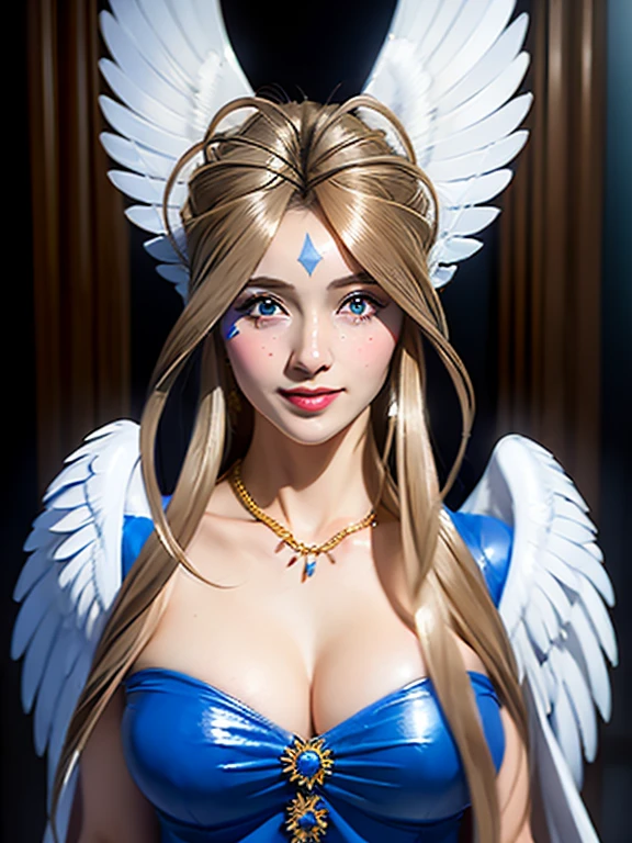 (masterpiece, best quality:1.4), (standing:1.2), (full body:1.2), (medium breast), (breast focus), big angel wings, 1girl, solo, (european youth:1), (Belldandy, Belldandy_Blue_Dress), necklace, (Diamond symbol:0.8), looking at viewer, beautifull smile, beautiful face, highly detailed face, highly detailed eyes, highly detailed skin, skin pores, subsurface scattering, realistic pupils, full face blush, full lips, detailed background, depth of field, volumetric lighting, sharp focus, absurdres, realistic proportions, good anatomy, (realistic, hyperrealistic:1.4), 16k hdr,