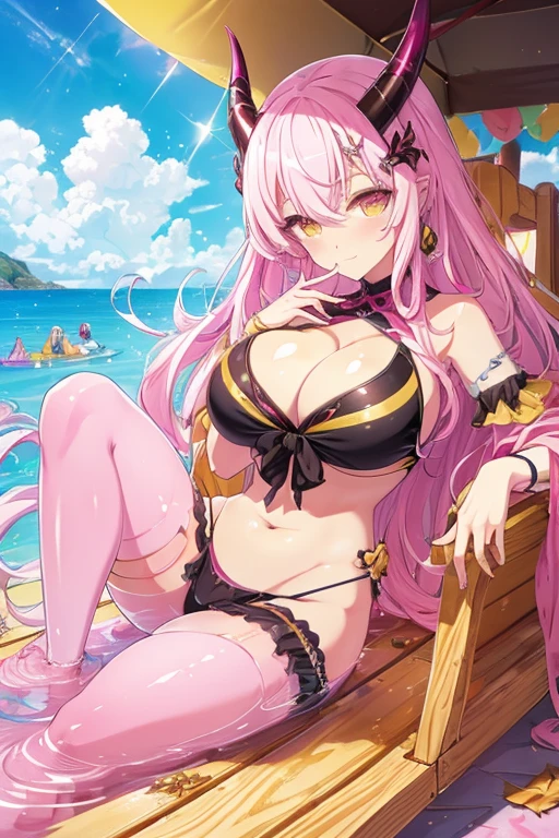 Pink skin, yellow eyes, Black sclera, horn, with pink hair, Huge cleavage, bathing suit