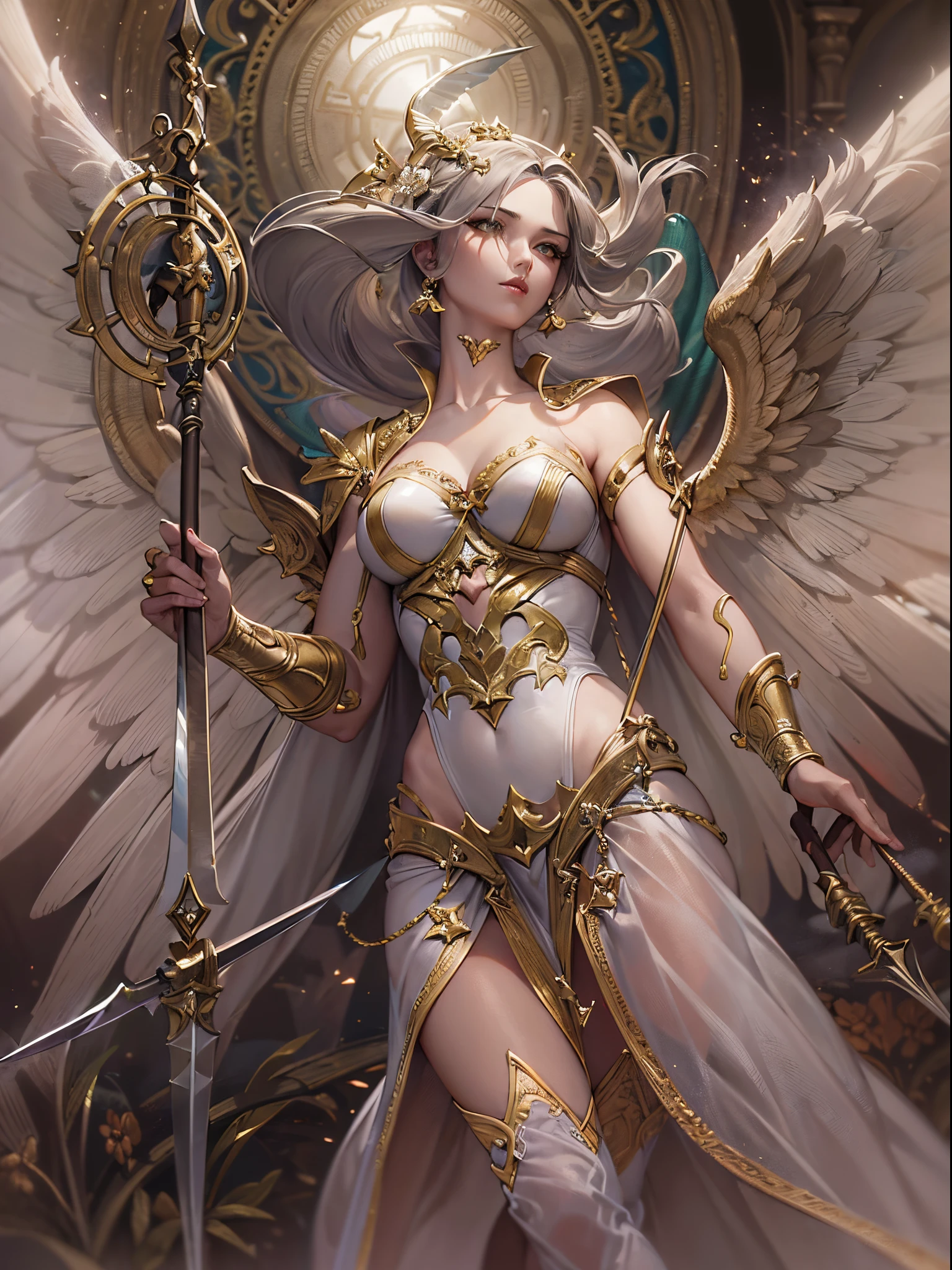 (Finest quality)),(超A high resolution),(ultra-detailliert),(Meticulous portrayal),((best pictures)),(Finest works of art),Ultra-Precision Art,The art of astounding depiction, Fantasyart:1.5, (A female angel swinging a spear:1.7),Beautiful and well-groomed face:1.5,(toned body:1.6), demon being purified:1.5 powerful light:1.5