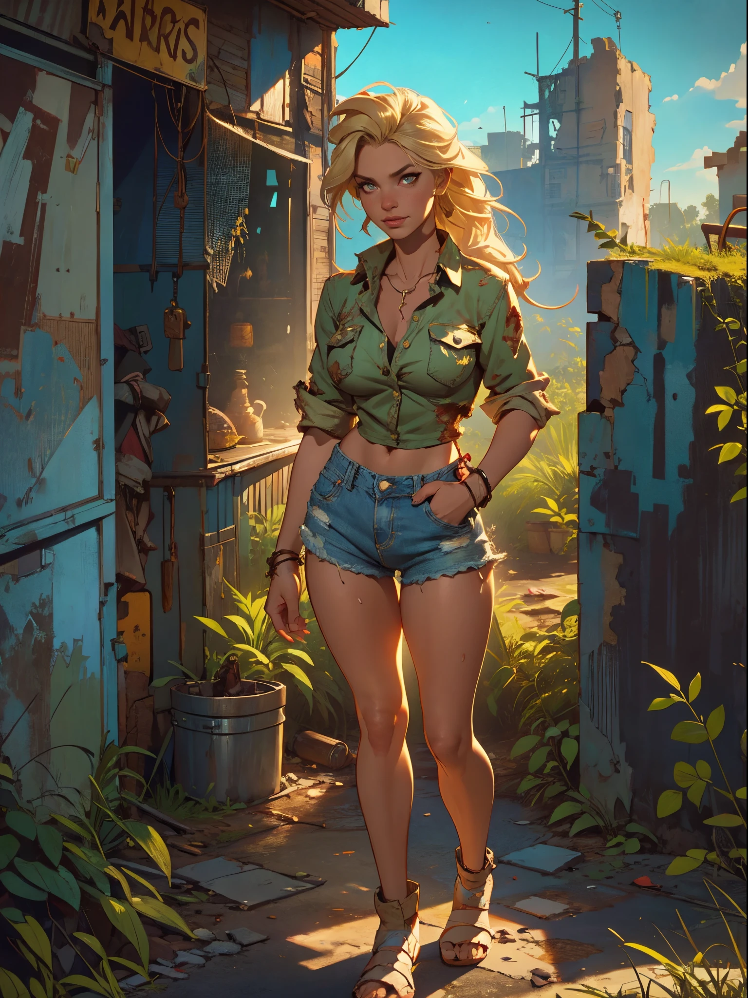 2076 year. The Urban Ruins of the Wasteland, Female huntress picking fruit in the garden, beautiful face, blonde, badly torn shirt and denim shorts , long legs, sweating through, sun rising, Nice warm colors, head to toe, full body shot, pretty hands, perfect fingers,