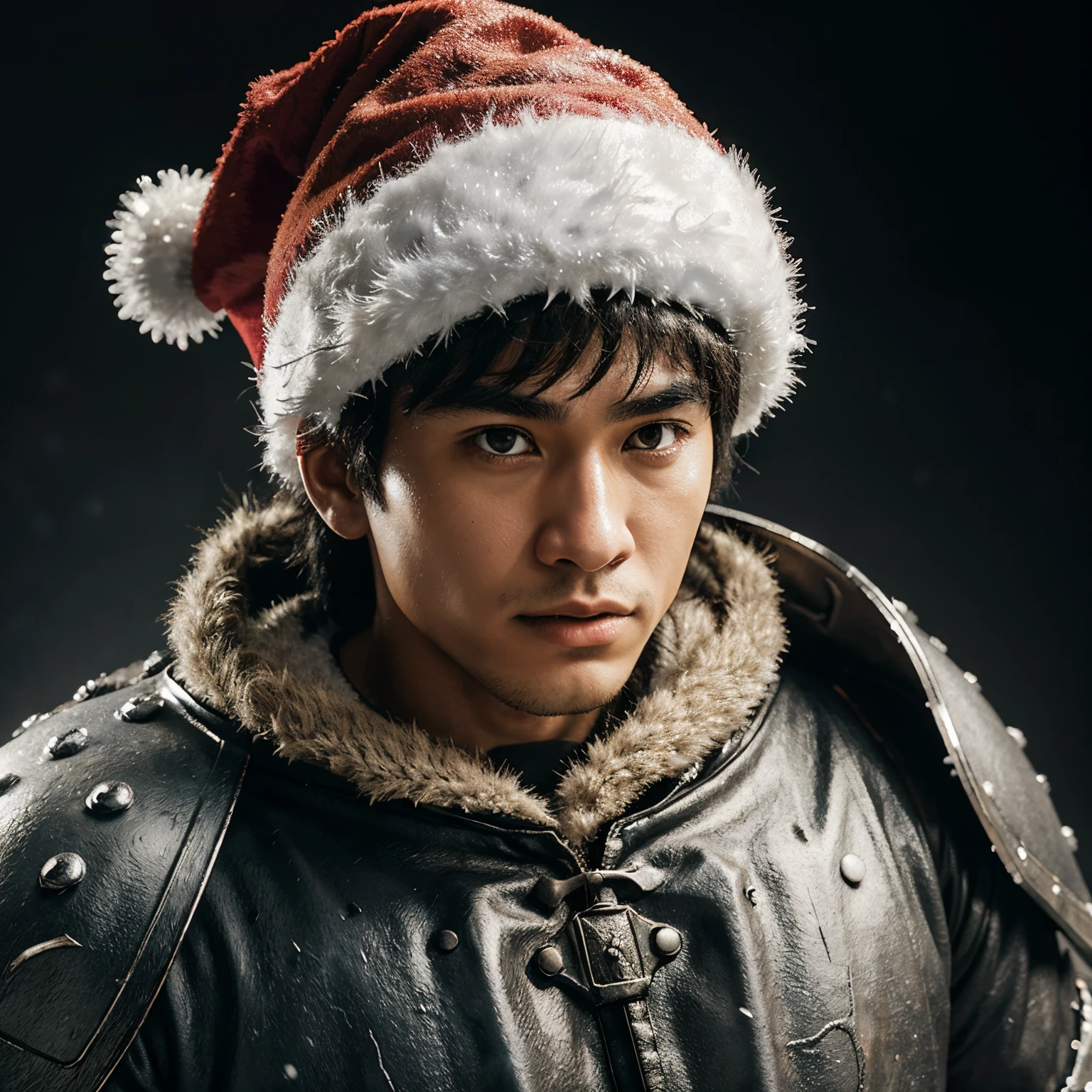 Crie uma imagem de um guerreiro chamado Gutts da Obra de Berserk de Kentaro Miura. Make an icon style image of him with a Christmas hat on a snowy background