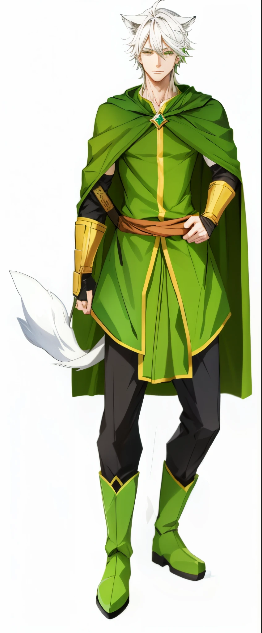 a cartoon picture of a man in a green outfit and a cape, with a green cloak, fox nobushi, full body, rpg portrait full body, wearing green cloak