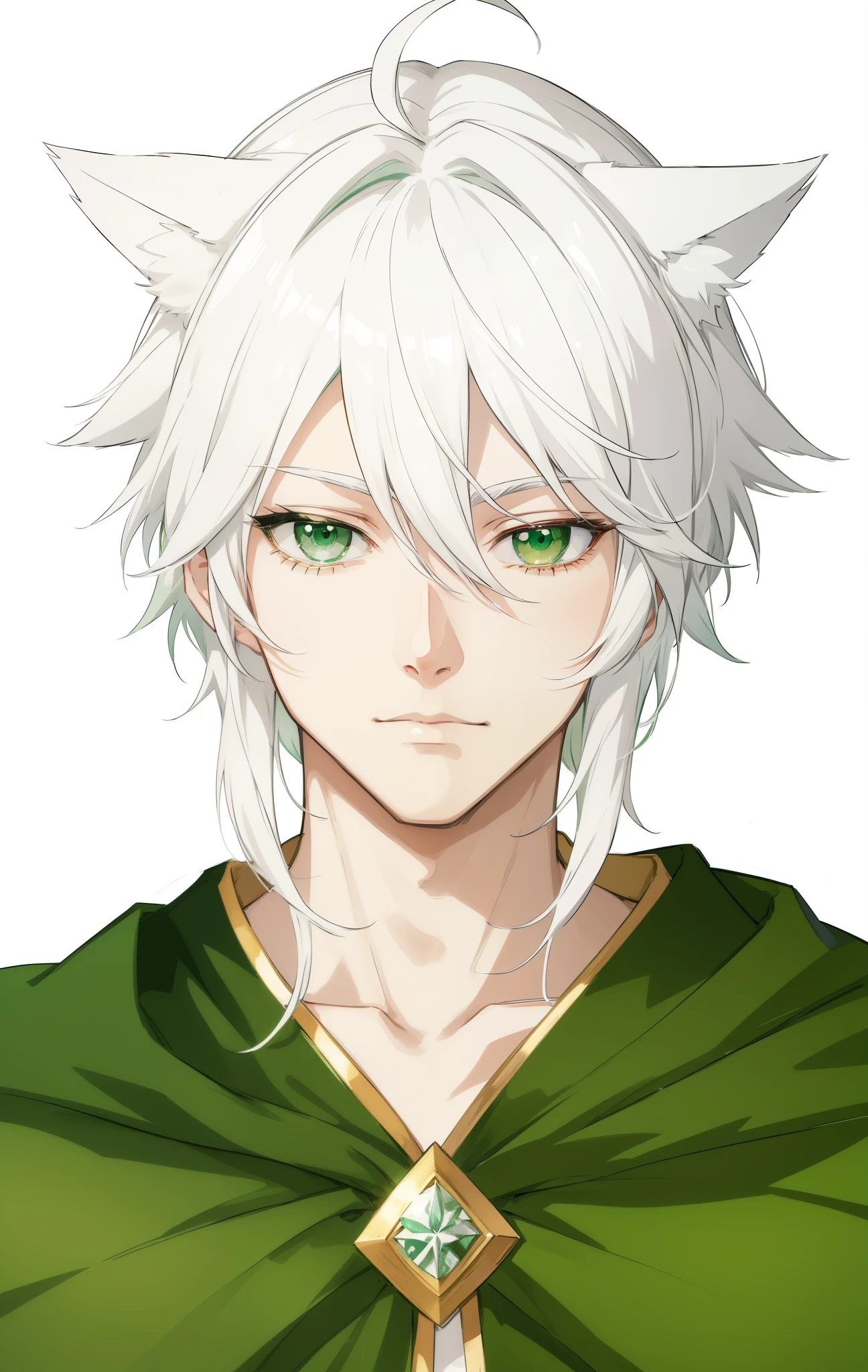 anime character with white hair and green eyes wearing a green cape, white - haired fox, white haired, white haired deity, white-haired, white fox anime, male anime character, detailed anime character art, clear green eyes, anime handsome man, anime portrait of a handsome man