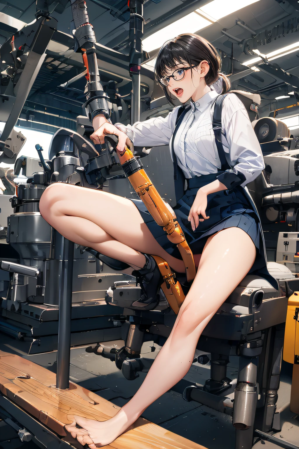 a women, worker clothes,, tight skirt, manager, glasses, tablet, straddling to hit her crotch on exposed pipe, open mouth, open legs, raise leg, (ecstasy face), slut, masturbation, in the factory, machines,