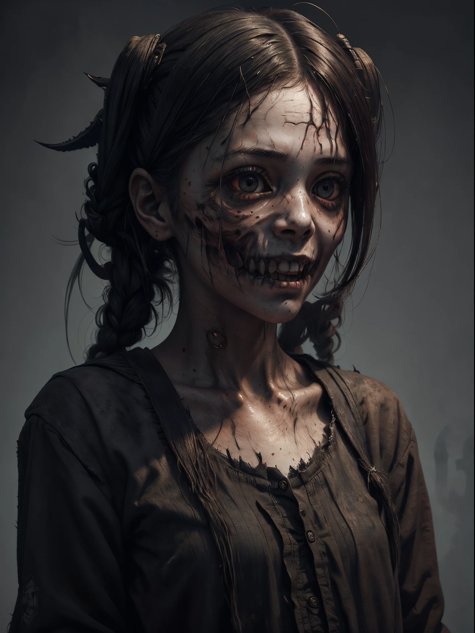 A haunting portrait of a school girl with a face that reflects the horrors of the undead. Insane smile, Focus on realism and intricate details to capture the unsettling nature of her appearance. Depict her lifeless eyes, decaying skin, and disheveled school uniform in vivid and precise detail, using shading and textures to bring the image to life.