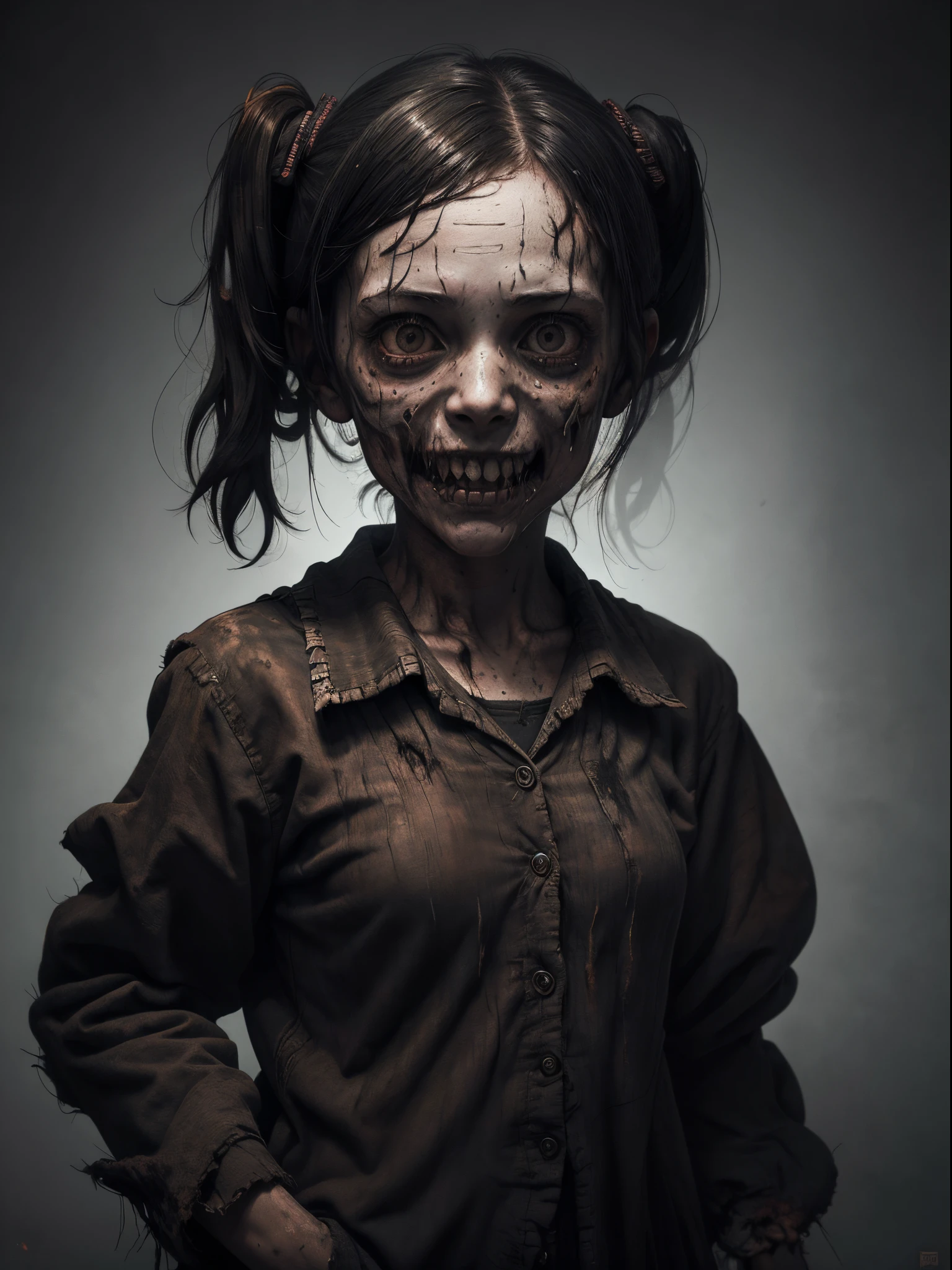 A haunting portrait of a school girl with a face that reflects the horrors of the undead. Insane smile, Focus on realism and intricate details to capture the unsettling nature of her appearance. Depict her lifeless eyes, decaying skin, and disheveled school uniform in vivid and precise detail, using shading and textures to bring the image to life.