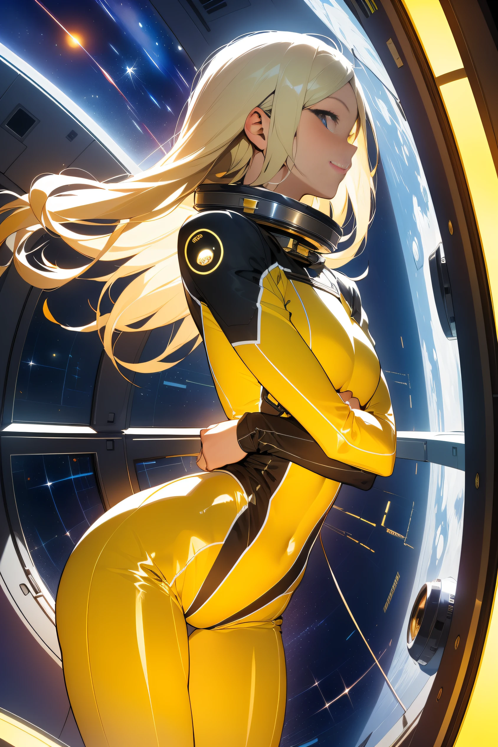 (masterpiece, best quality:1.2), (cowboy shot:1.1), solo, 1girl, mori yuki, slight smile, closed mouth, side view, looking at viewer, blonde hair, long hair, thigh gap, yellow bodysuit, skin-tight, perfect body, large window, (starship porthole:1.3), (spread legs:1.3), (standing:1.1), thigh gap, sensual pose, sideview, perfect hands, bright starship interior, (outer space view:1.1), (orbital view:1.3), (night, stary sky:1.5), milky way