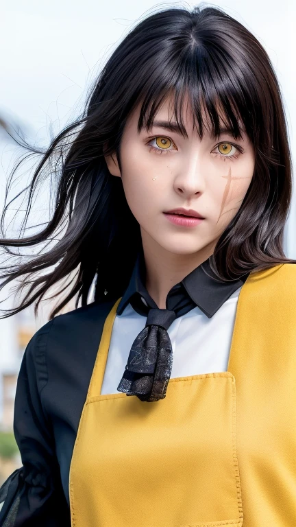 (realistic,photorealistic:1.5),1girl,yoru \(chainsaw man\),(school uniform, pinafore dress, shirt, neck ribbon, long sleeves:1.2),sidelighting,perfect illumination,chiaroscuro,Ultra-realistic 8k CG,masterpiece,raw photo,((ultra-detailed background, delicate pattern, intricate details)),best quality,very detailed face,extremely detailed eyes and face,extremely detailed eyes,enchanting gaze,otherworldly charm,(yellow eyes, ringed eyes:1.35),black hair,(looking at viewer, from below:1.1),close-up,depth of field,simple background,dark background,(world-weary face:1.4),asacsm,:d,Charming posture(,scar:1.3),idol,bright skin,long hair