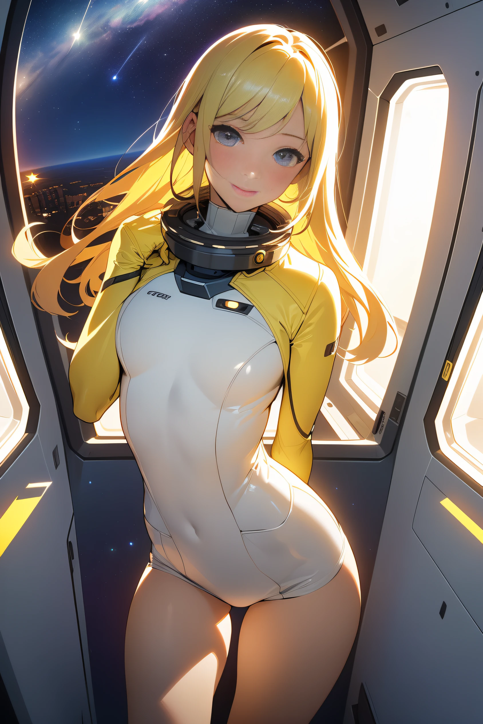 (masterpiece, best quality:1.2), (cowboy shot:1.1), solo, 1girl, mori yuki, slight smile, closed mouth, side view, looking at viewer, blonde hair, long hair, thigh gap, yellow bodysuit, skin-tight, perfect body, large window, (starship porthole:1.3), (spread legs:1.3), (standing:1.1), thigh gap, sensual pose, sideview, perfect hands, bright starship interior, (outer space view:1.1), (orbital view:1.3), (night, stary sky:1.5), milky way
