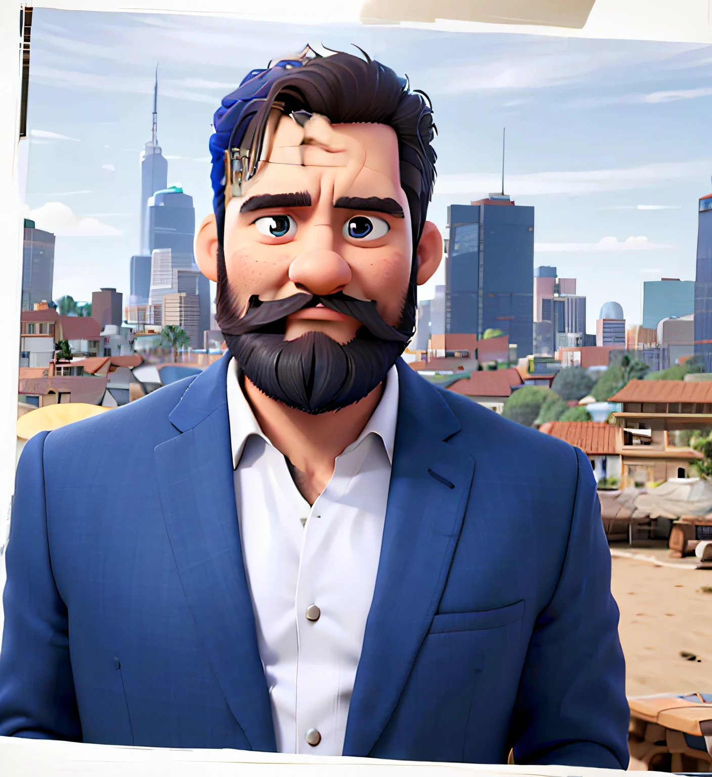 Homem com um ajuste justo, barba bem modelada, vestindo um terno azul escuro e um corte de cabelo muito bem alinhado