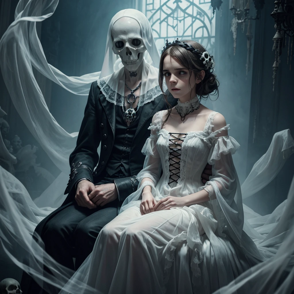 ghostlystyle, Emma Watson, ghostly mist with skulls, (transparent, floating), gothic horror, tattered ghostly clothes, white dress, full body, trapped in a haunted oil painting, hyperrealism, ghostly, trapped, (scared, panicked,, horrified), hands in lap, peter mohrbacher, pierre terblanche, trending on artstation