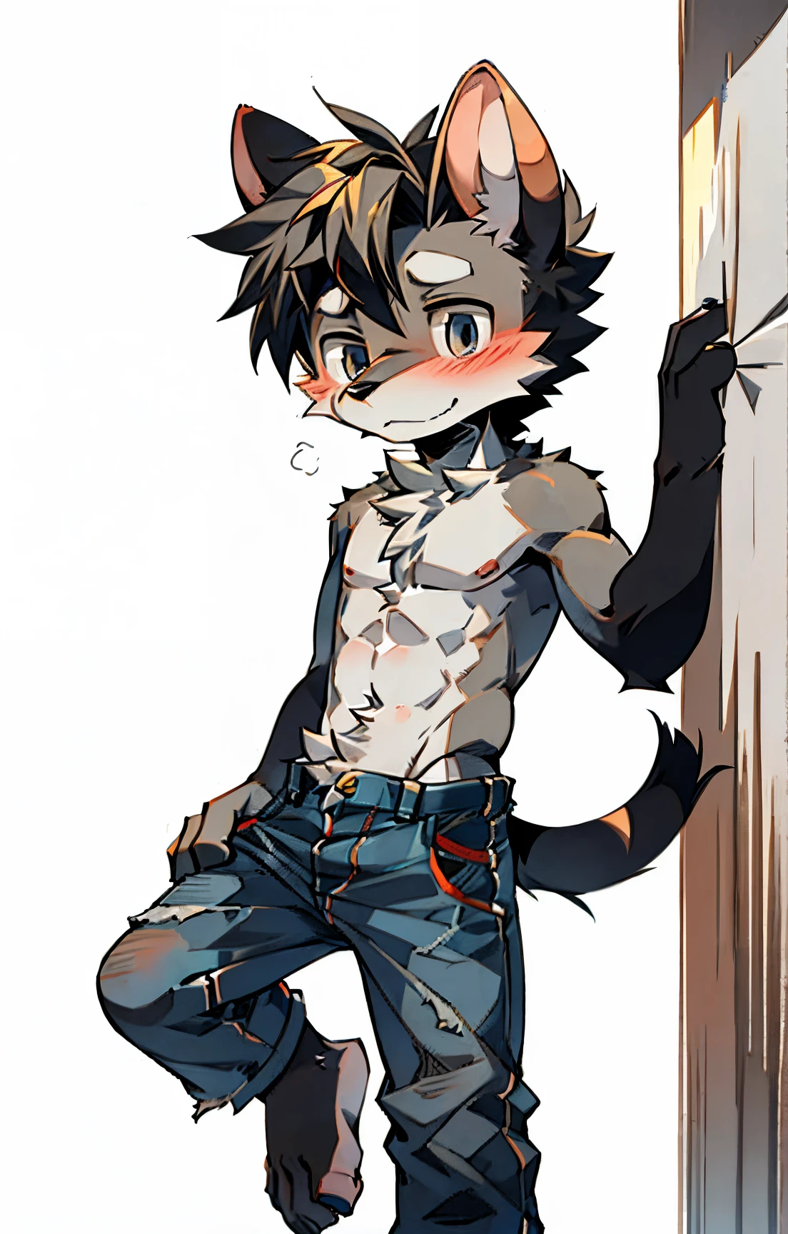 shaggy，grey fur，ratz，adolable，Shota，denim pant，Q version，((of a shirtless))，Barefoot，Kids boy，Very shy