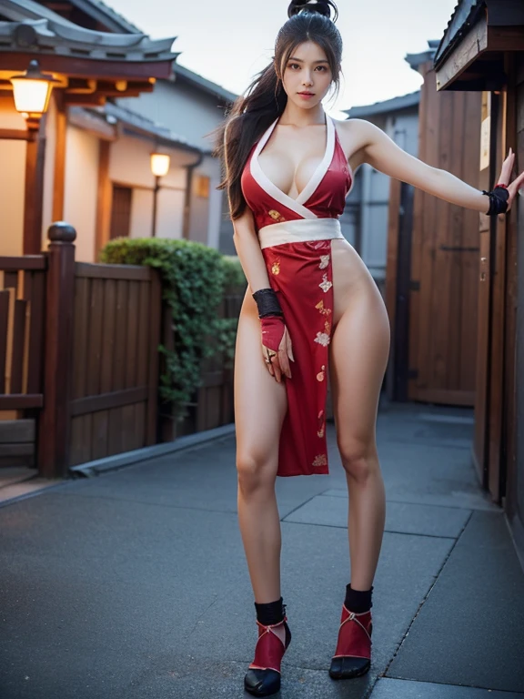 mai shiranui, (Full body portrait:2.0), Full body, (tabi:1.6), (Realism), (masutepiece:2.0), (Best Quality), (ultra-detailliert), (8K, 4K, Convoluted), (skinny), Prestige, Brown eyes, Long hair, Brown hair, White ribbon, Sleeveless, poneyTail, sash, pelvis curtain, arm guards, mitts, fascinated expression, Sexy eyes, medium breasts, Smile, Cute, view the viewer, Long hair, Close to Japan temple, (breasts focus:1.2), (Realistic:1.2), (Full Shot: 1.2), (85 mm), light Particle, Lighting, (Highly detailed:1.2), (Detailed face:1.2), (gradients), SFV, Colorful, (Detailed eyes:1.2), (Detailed temples of Japan: 1.2),(Detailed background), (Dynamic Angle:1.2), (Dynamic Pose:1.2), (Line of action:1.2), Wide Shot, Daylight, Solo.