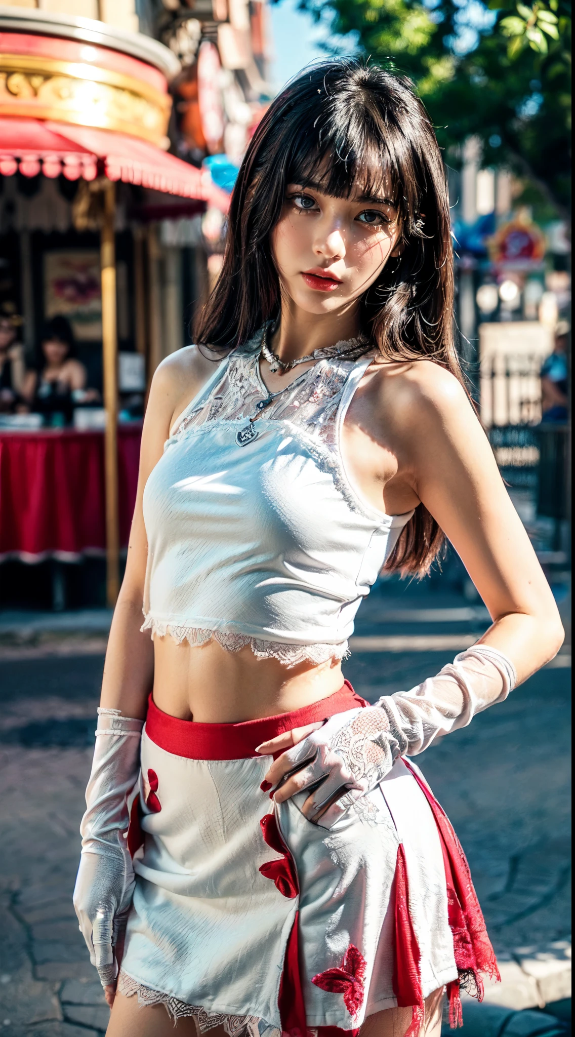 (Ultra-detailed eyes), (((textile shading))), (((Best Quality))), (((masutepiece))), (((Ultra-detailed CG))), sassy girl, (((magical ))), (Petite), (tiny chest), black hair, black hair, black hair, pin up emo, ((with bangs, with bangs, gorgeous hair)), Pink eyes, (((retro style, red and white blumarine crop graphic lace tank, frayed skirt, winter glove, y2k))), ((striking a pose)), (((Game CG)) (gorgeous, sassy, it girl), fancy jewelry,theme park, colorful place, colorful place, colorful olace, strong theme park atmosphere, strong 80s atmosphere, cowboy shot, midshot, centered image, eye on camera, daylight, no one people on the background, no one people on the background
