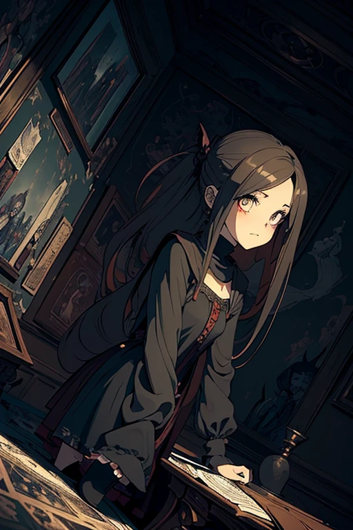 (masterpiece1.2), (high resolution1.3), ((Draft cartoon style)), ((wallpaper)), ((Diverse angles)), Comic Style Illustrations, (drawing style), Outline warm color, eerie, horror factor1/2, ((merchant)), (full body), (Distinctive hair style), (Creative accessories), (individualistic atmosphere), Eerie worldview, Suspicious atmosphere, dark fantasy, Fantasy Town, extra