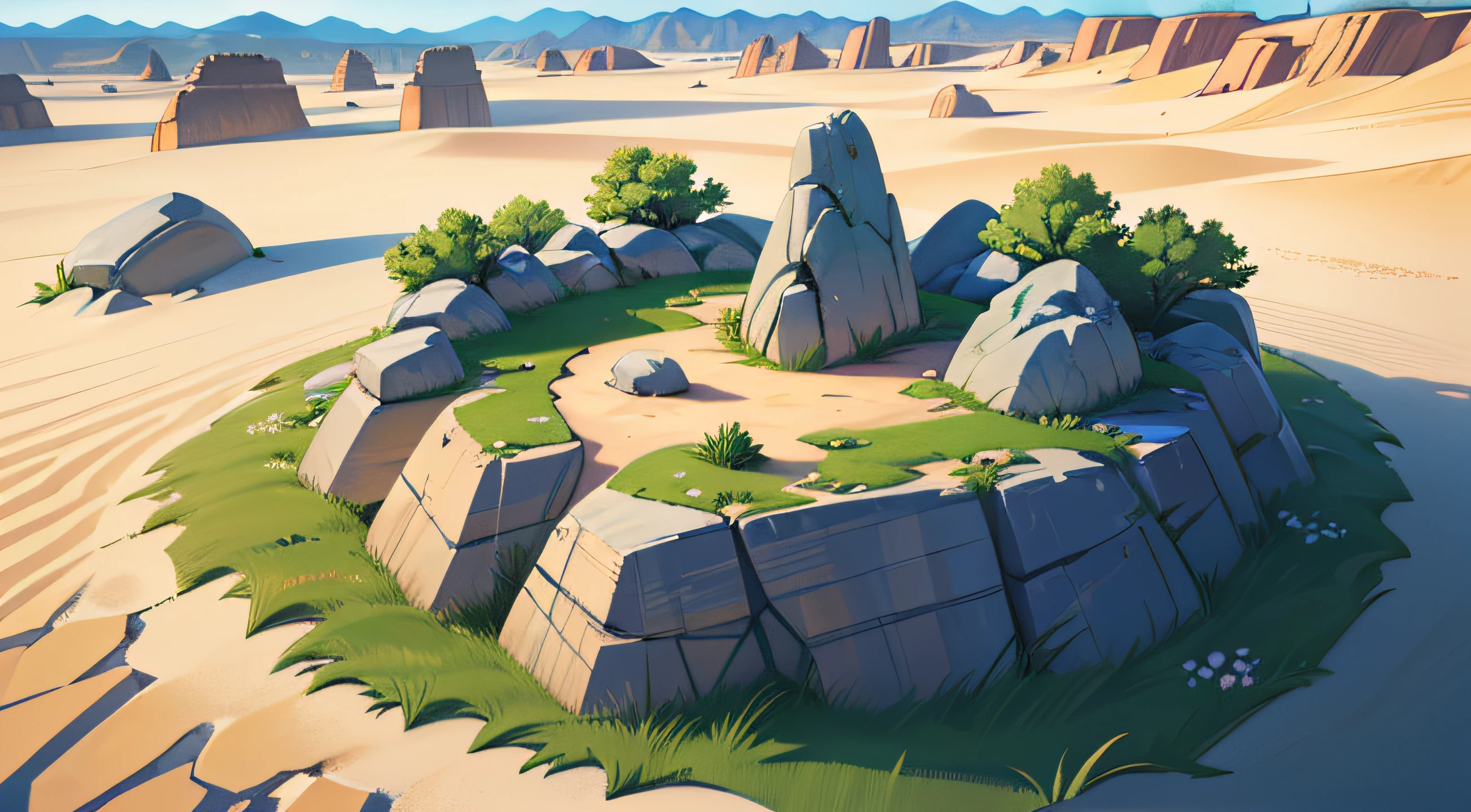 (illustrations : 1.0), photorealistic lighting, HD detail, 夏天, 12pm, desert, grass, sod, desert grass, huge rock area, rock formations, big stone, Rocky terrain, rock formation, top of rocky mountain, Looking down from a high place