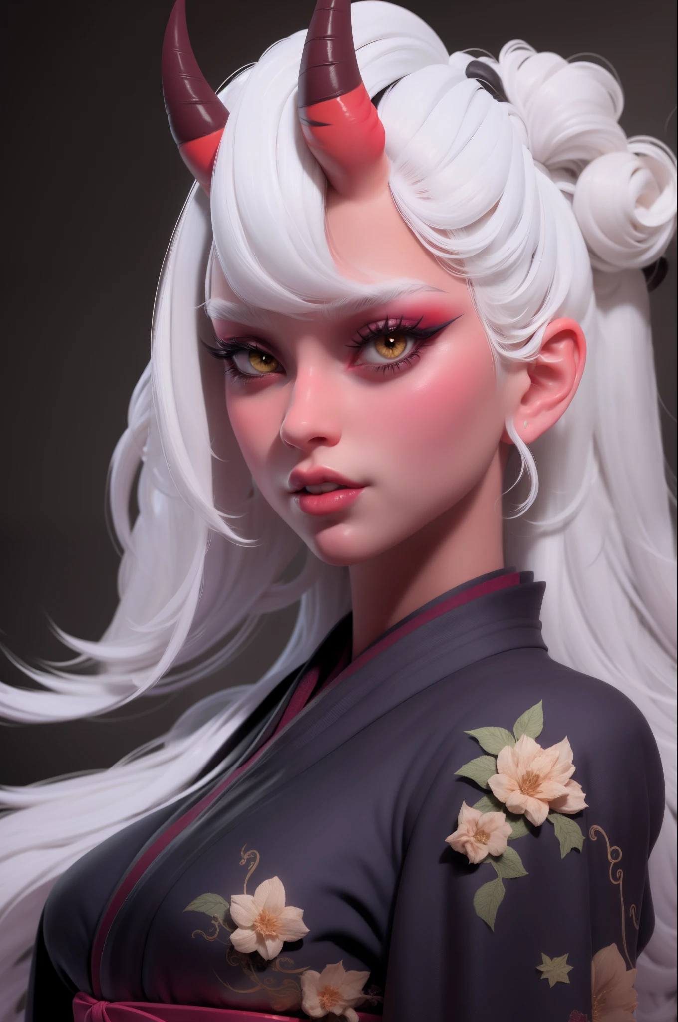 masterpiece, best quality,3d rending work ,3DMM style,close-up,portrait, 3D,1onigirl, solo, white hair, looking to the side, oni horns, realistic, upper body, simple background, messy long hair, looking away, parted lips, golden eyes, lips, gothic, choker, makeup, mole, offshoulders kimono,