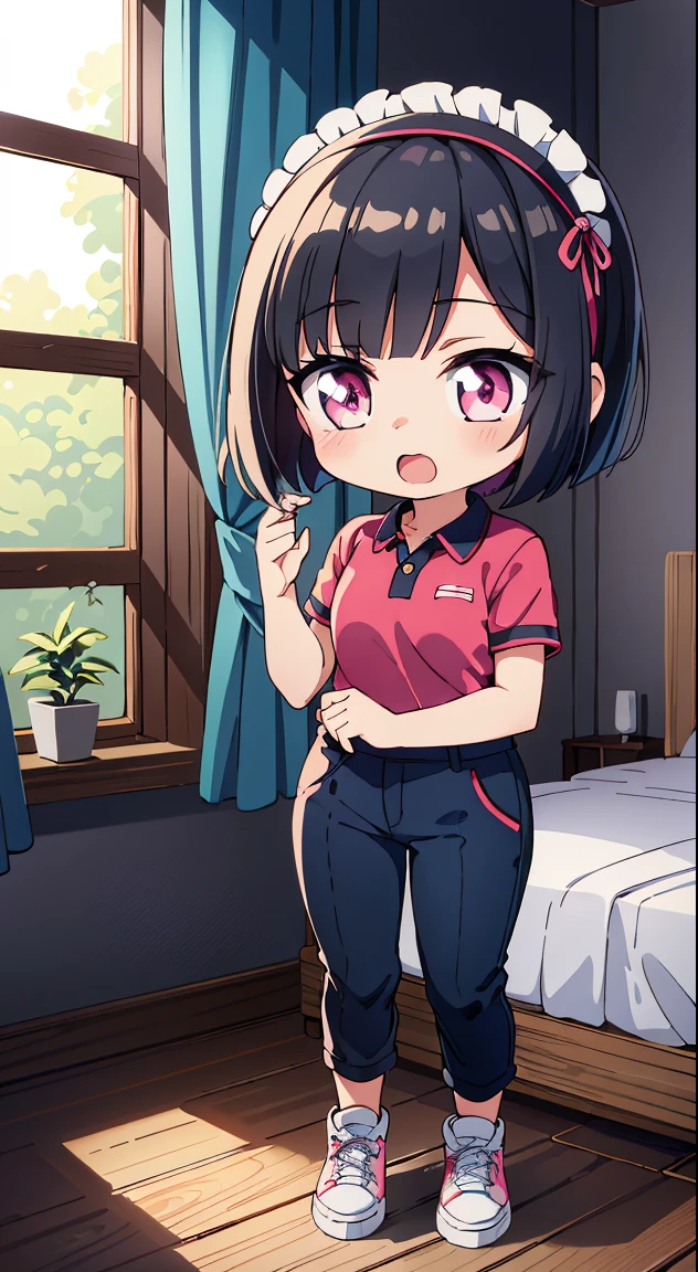 (masutepiece, Best Quality, Perfect Anatomy, High quality:1.4), nice hand, Perfect hands, Detailed beautiful hands, Large_filesize, fulcolor, hight resolution, symmetric, exceptional, Best aesthetic, newest, Anime, very beautiful detailed body,The hair,faces,The eye, (Chibi, Full body:1.6), BREAK,
Beautiful Girl, (17 years old girl), Very detailed, colourfull, highest details, 1 beautiful girl, Solo,(Cute:1.5),(Chibi:0.8), (kawaii:1.5),(Lori:0.5),(girl, Cute, Cheerful, Loli face, slightly bulging chest),(A dark-haired,Disheveled short bob,tareme,Pink eyes:1.55),(sano,A smile,Bad face:1.2), (White rabbit ear headband:1.2),Shiny skin,Clear skin, Beautiful skin,(best quality face),(Top quality glowing eyes), (Doya face,brave face:1.45), BREAK (Pink Theme:1.4),
((caregiver theme:1.4)), (Black chinos:1.4), (red polo shirt:1.4),(Black sneakers:1.35),
BREAK,(morning), inside in room,Gothic bedroom, a canopy bed,huge window,naked girl poster,coke,on back, tusk, Open mouth, Looking away,depth of fields,
BREAK,wakame,wakame,wakame,(Cowboy Shot:1.4),
BREAK,(Blurry background:1.3),(absurderes, hight resolution, Super Detail Art),cel shading,Clear Color, Lonely optical effect, Beautiful pictures, Bright glow, mystic atmosphere,(Close-up of girl:1.1), Mystical light particle effect,manga influence, clean line drawings,