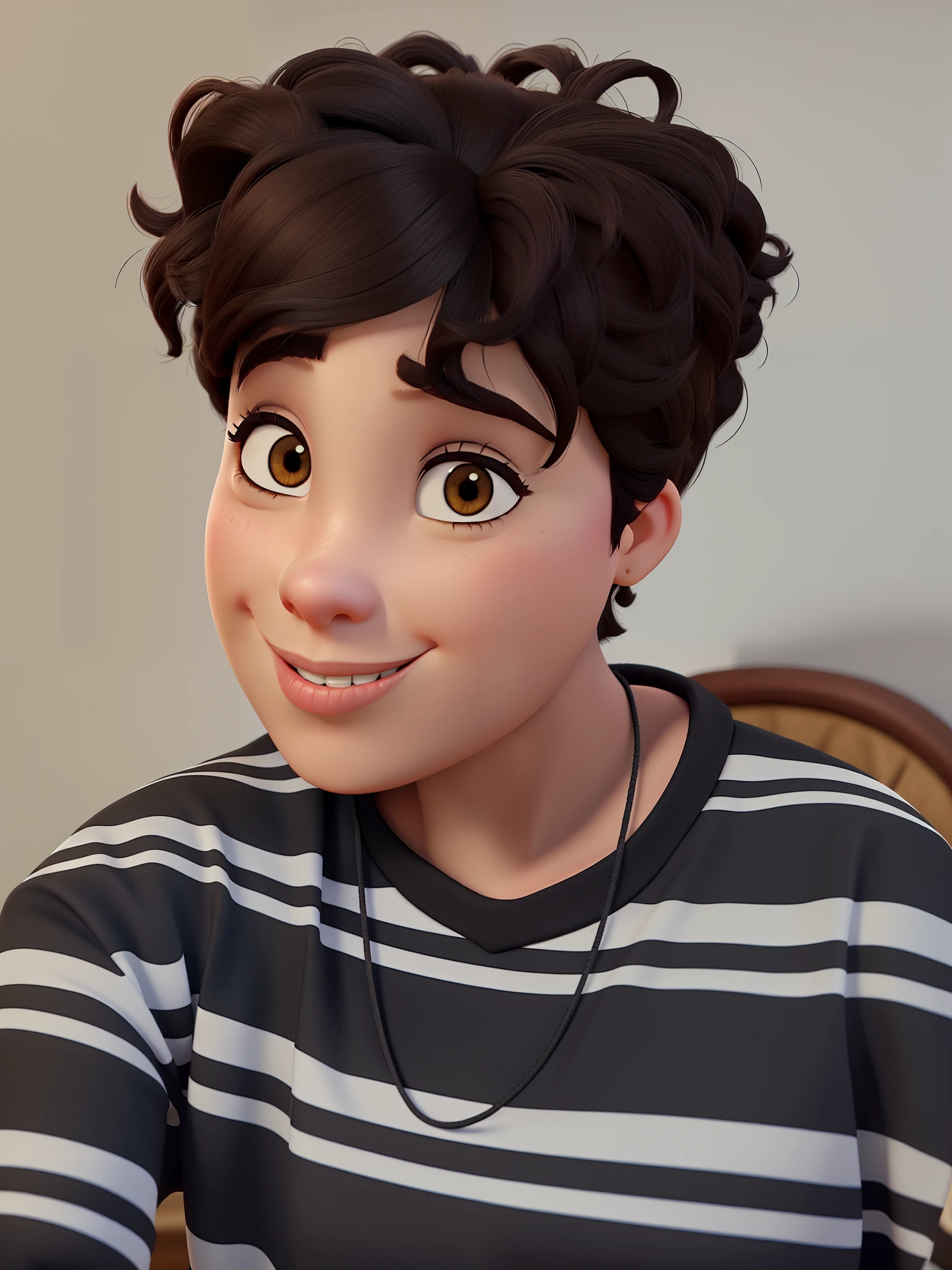 create a Pixar-style banner. A light brunette girl with short hair, dark brown, black curly appearance, big lips, no smile, high quality, best quality