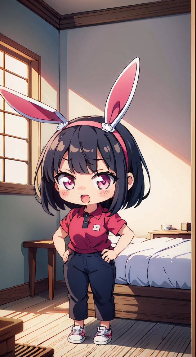 (masutepiece, Best Quality, Perfect Anatomy, High quality:1.4), nice hand, Perfect hands, Detailed beautiful hands, Large_filesize, fulcolor, hight resolution, symmetric, exceptional, Best aesthetic, newest, Anime, very beautiful detailed body,The hair,faces,The eye, (Chibi, Full body:1.6), BREAK,
Beautiful Girl, ( girl), Very detailed, colourfull, highest details, 1 beautiful girl, Solo,(Cute:1.5),(Chibi:0.8), (kawaii:1.5),(Lori:0.5),(girl, Cute, Cheerful, Loli face, slightly bulging chest),(A dark-haired,Disheveled short bob,tareme,Pink eyes:1.55),(sano,A smile,Bad face:1.2), (White rabbit ear headband:1.2),Shiny skin,Clear skin, Beautiful skin,(best quality face),(Top quality glowing eyes), (Doya face,brave face:1.45), BREAK (Pink Theme:1.4),
((caregiver theme:1.4)), (Black chinos:1.4), (red polo shirt:1.4),(Black sneakers:1.35),
BREAK,(morning), inside in room,Gothic bedroom, a canopy bed,huge window,naked girl poster,coke,on back, tusk, Open mouth, Looking away,depth of fields,
BREAK,wakame,wakame,wakame,(Cowboy Shot:1.4),
BREAK,(Blurry background:1.3),(absurderes, hight resolution, Super Detail Art),cel shading,Clear Color, Lonely optical effect, Beautiful pictures, Bright glow, mystic atmosphere,(Close-up of girl:1.1), Mystical light particle effect,manga influence, clean line drawings,