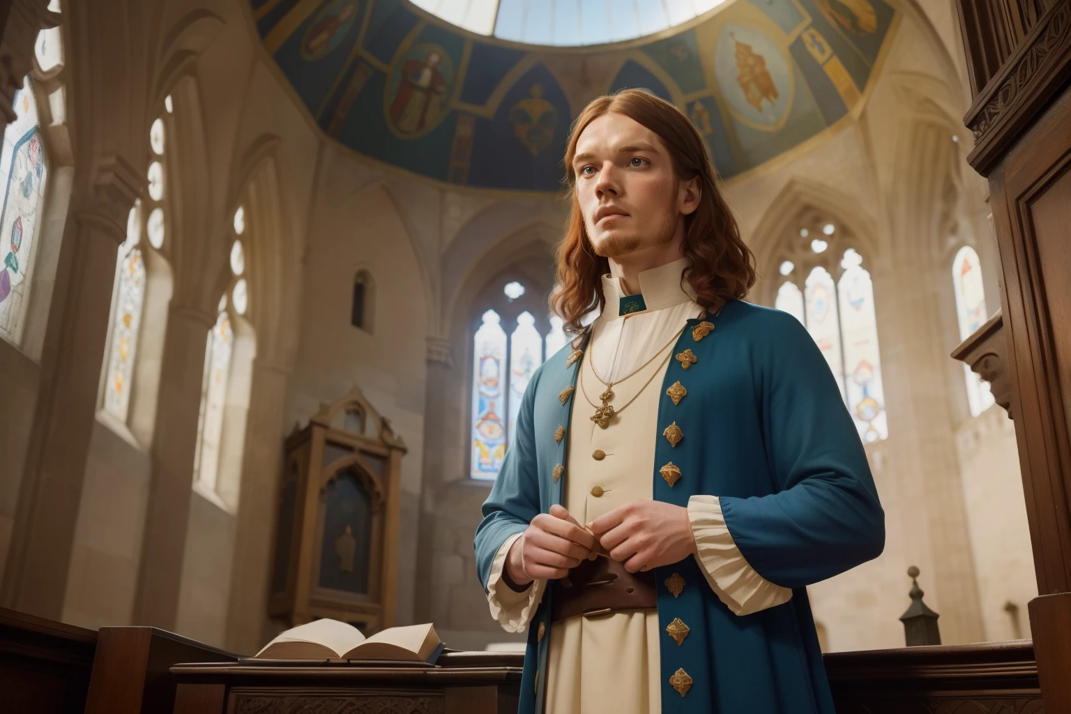 1135, England. Pre-raphaelite scene with an otherworldly cathedral, 36-year-old Sam Heughan with long colorful tunics look up at the dome in awe, ((((clothing from the 12th century)))), ((Hairstyle of the 12th century)), ((Wes Anderson cinematic style)), colorful