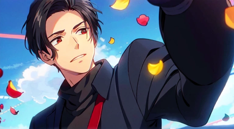 masterpiece, 1Man, luci, red eyes, black hair, day, Vast sky, beautiful skyline, red flower garden