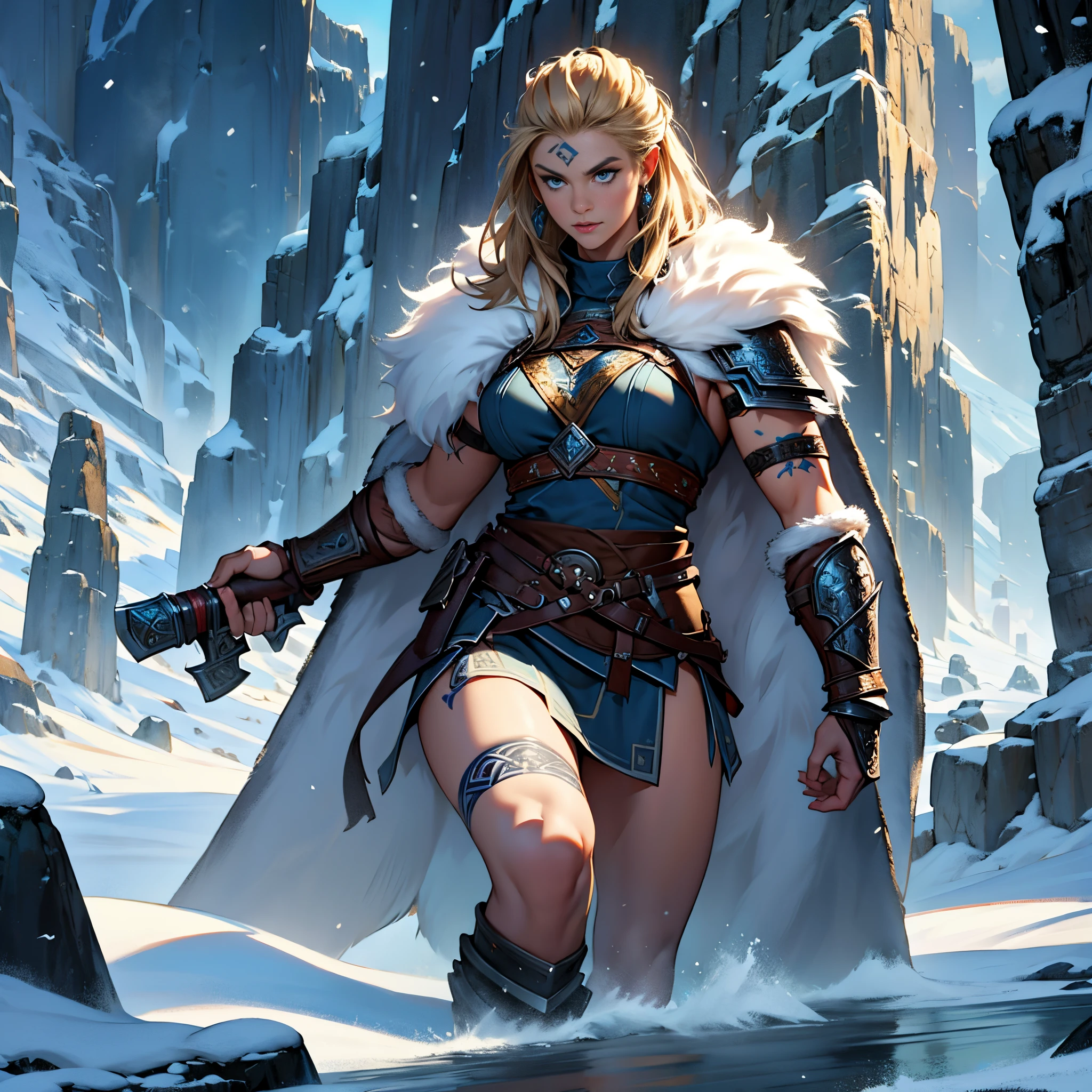A woman in a blue outfit holding a sword in a snowy area - SeaArt AI
