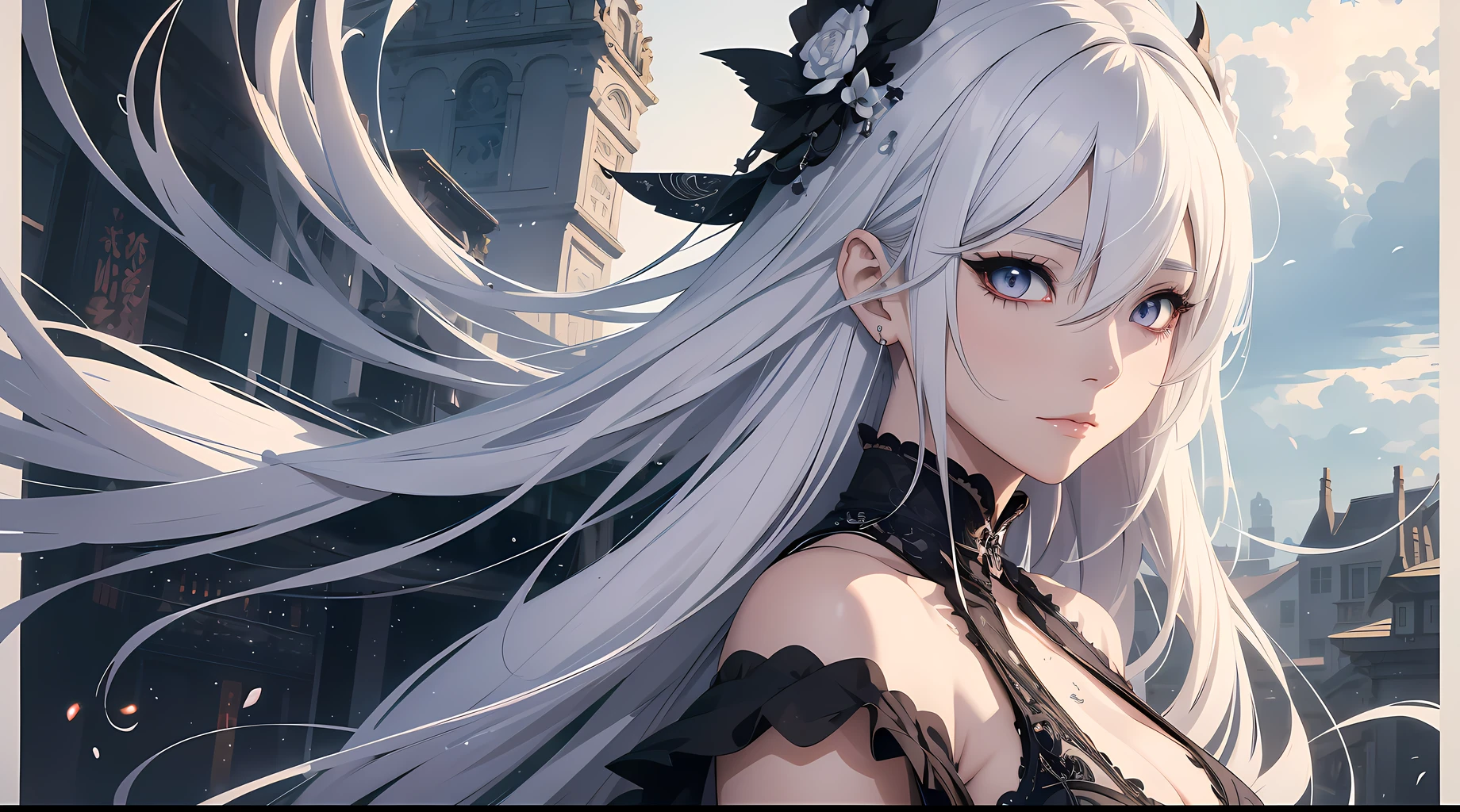 anime, a woman with white hair and a tiable in a black dress, an anime drawing by Yang J, pixiv, rococo, white haired deity, detailed digital anime art, detailed anime art, detailed key anime art, clean detailed anime art, detailed anime character art, guweiz on pixiv artstation, detailed anime artwork, high detailed official artwork