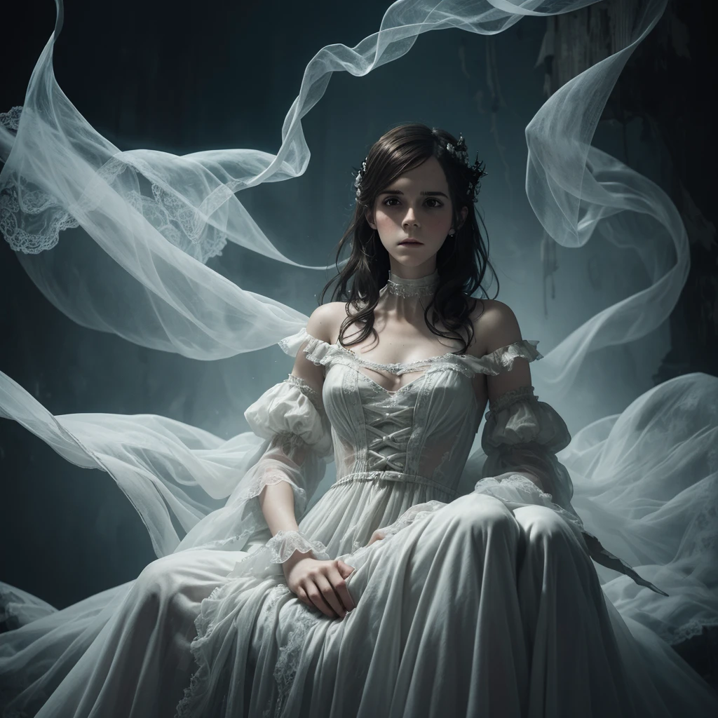ghostlystyle, Emma Watson, ghostly mist, (transparent, floating), gothic horror, tattered ghostly clothes, white dress, full body, trapped in a haunted oil painting, hyperrealism, ghostly, trapped, (scared, panicked,, horrified), hands in lap, peter mohrbacher, pierre terblanche, trending on artstation