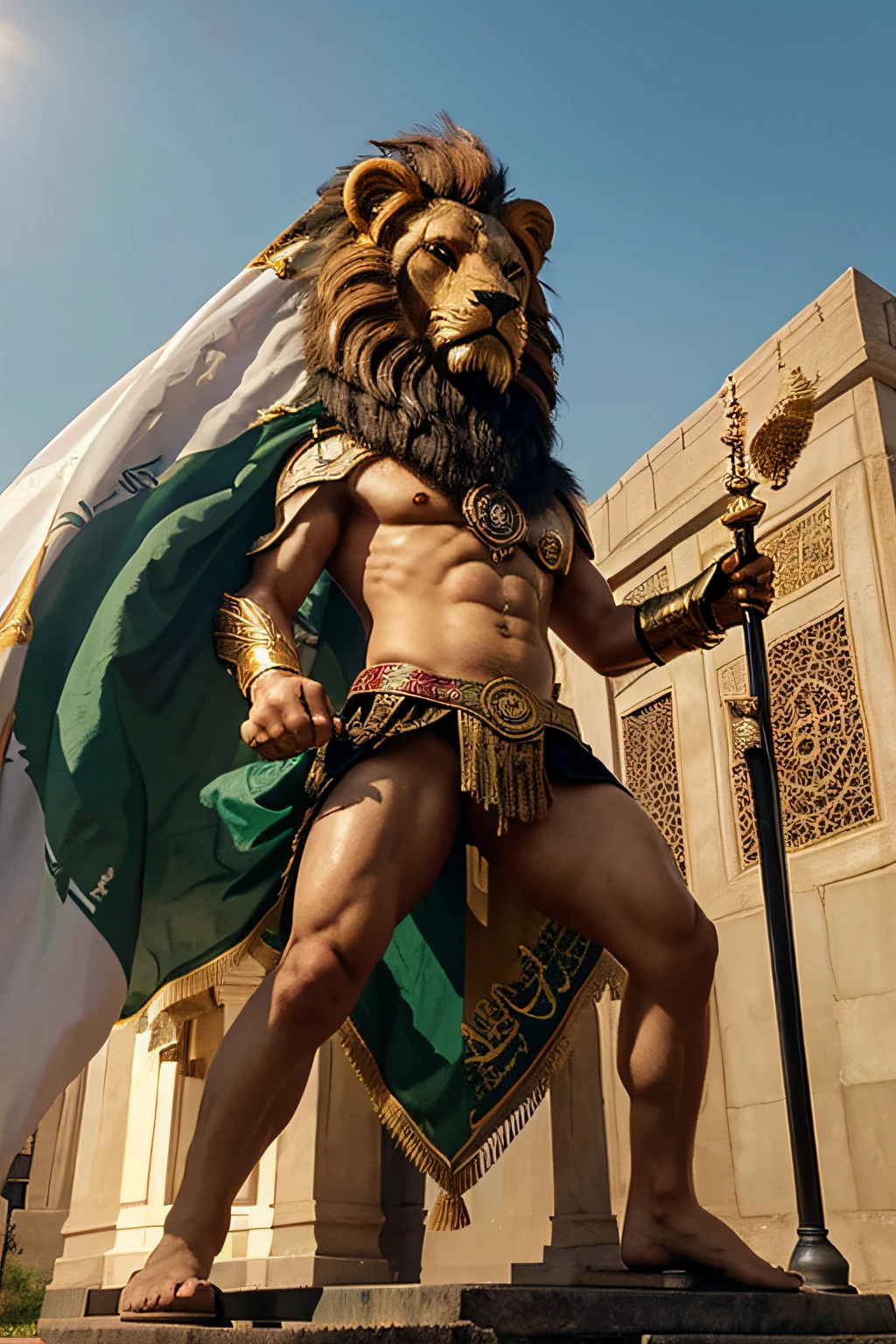 the realistic photo 4k In the centre of the shield is Hercules, a Greek mythological figure, who is standing and dressed in a lion skin covering his shoulders and another lion skin as a loincloth. Hercules is standing in a dominant posture, with his right hand on the head of a lion on his right side (left in the image), and his left hand on another lion on his left side (right in the image). The lions are standing and looking forward, with a fierce expression. They are located one on each side of Hercules. Above Hercules and the lions, there is a green, white and green arch, which bears the inscription in gold letters "DOMINATOR HERCULES FUNDATOR". Below this scene, at the bottom of the shield, there is a band with the inscription "ANDALUCIA BY ITSELF, POR LOS PUEBLOS Y LA HUMANIDAD" in gold letters on a background of horizontal green-white stripes. The border of the band is gold and has an ornamental design in the corners. The shield as a whole has a heraldic style, with predominantly green, white, gold and brown colors.