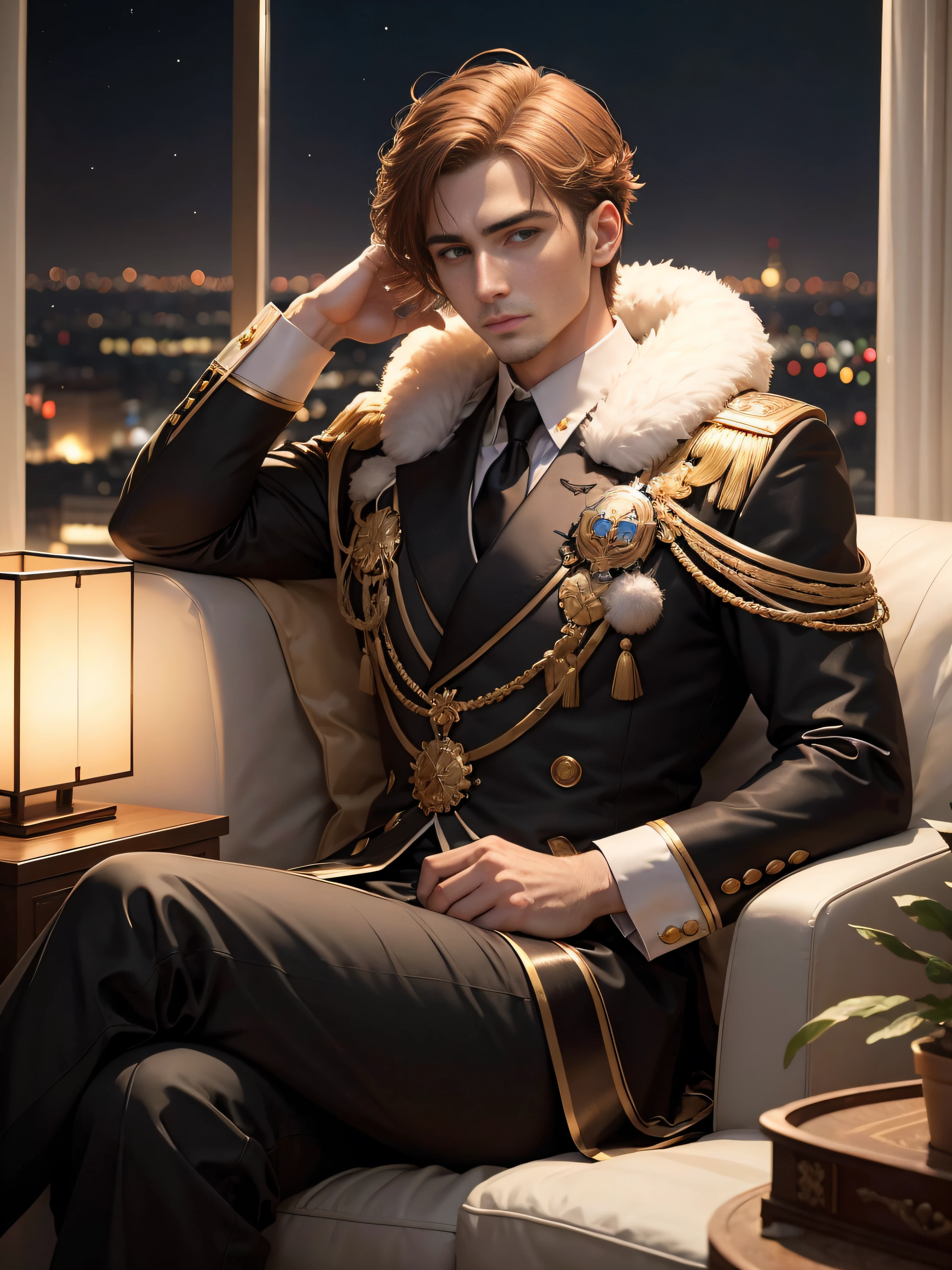 Roman Emperor Constantine the Great returns to modern Turkiye。1 male。age 30s。Charisma。hardworking and talented businessman。bright and sharp eyes。fluffy hair。shiny chestnut hair。Elegant attitude。A dangerous expression in the silence。Kind and sincere。kind and trustworthy。he is a moderate, He can be tough and ruthless when needed..。Large office。i'I'm sitting comfortably on the big sofa。The night view of Istanbul can be seen from the large windows., Like the sparkle of a jewel.。Luxurious and elegant。Adult atmosphere。masterpiece。ultra-quality。The ultra -The high-definition。Super beautiful。Detailed and elaborate。romantic。Cinematic。
