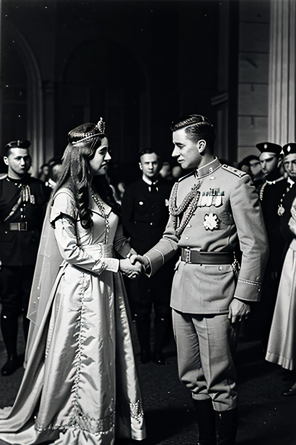 WW1, grainy_photo, monochrome, photo, peace_treaty, general_handshaking_princess, two_people_within_picture, princess_in_dress, formal_attire, onlooking_crowd, princess_with_tiara