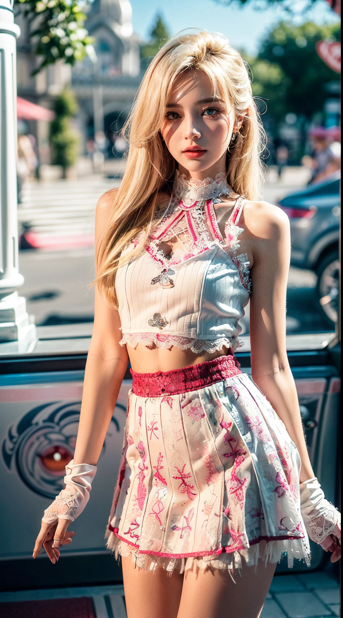 (Ultra-detailed eyes), (((textile shading))), (((Best Quality))), (((masutepiece))), (((Ultra-detailed CG))), sassy girl, (((magical little girl))), (Petite), (tiny chest), blonde hair, blonde hair, blonde hair, pin up emo, ((gorgeous hair)), Pink eyes, (((retro style, red and white blumarine crop graphic lace tank, frayed skirt, winter glove, y2k))), ((striking a pose)), (((Game CG)) (gorgeous, sassy, it girl), fancy jewelry,theme park, colorful place, colorful place, colorful olace, strong theme park atmosphere, strong 80s atmosphere, cowboy shot, midshot, centered image, eye on camera, daylight, no one people on the background, no one people on the background
