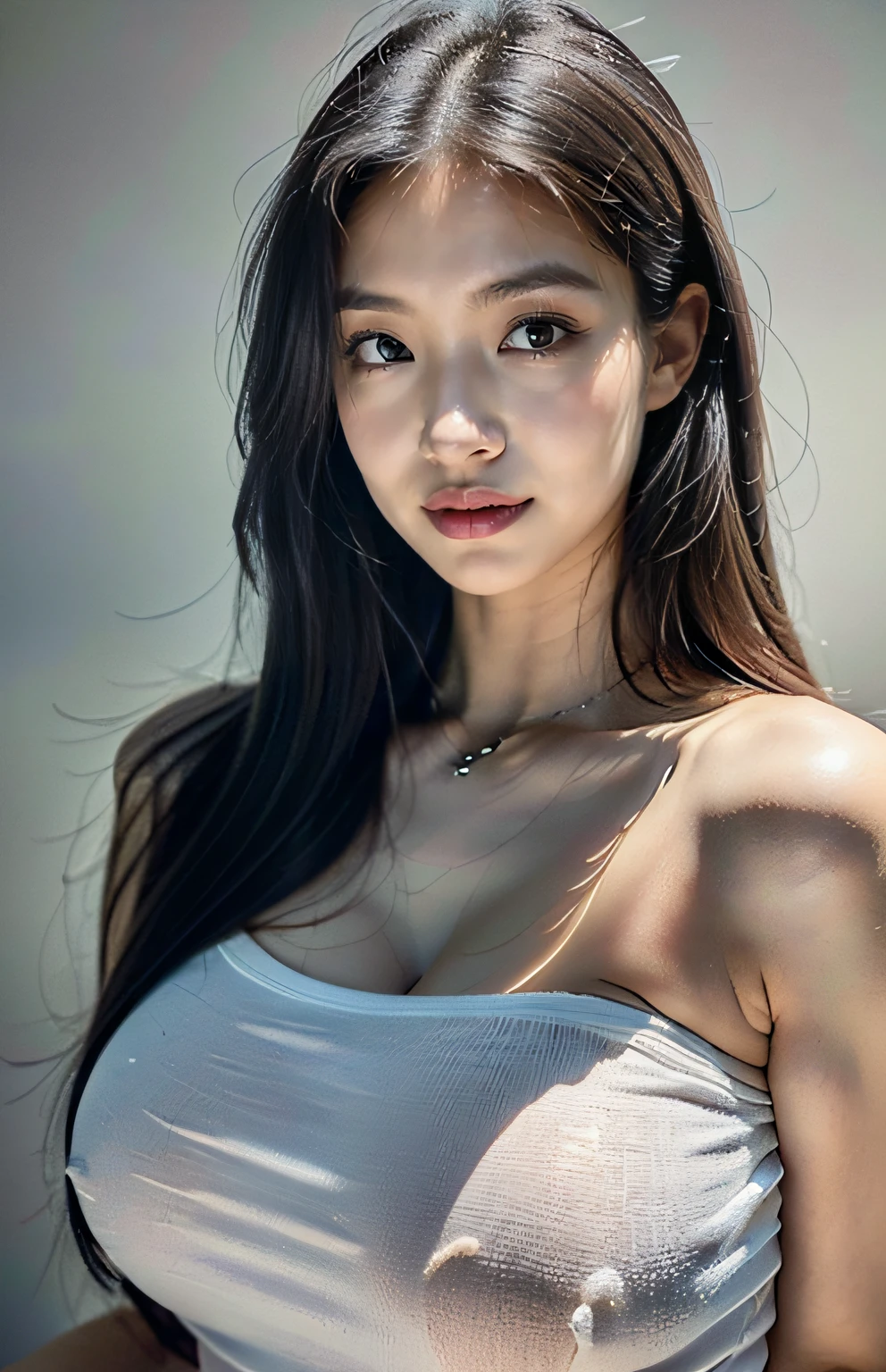 (a skinny girl,Chestless,Korean girls,Indoors,in a photo studio,white backgrounid,perfect litthing,perfect lips,Delicatemakeup),(photography of),(simple but elegant dress),(cabelos preto e longos),(Bright and clear eyes),(with a calm expression),(exquisite facial features),(skin is soft and smooth),(Beautiful posture),(minimalist props),(Subtle shadows),(hight contrast),(vivd colour),(natural poses),(Subtle, diffuse light),(gentle warm touch),(Meticulous attention to detail),(fine lines and wrinkles),(Focus Clear),(A high resolution),(great attention to facial details),(Subtle and natural touch up),(pastel makeup),(Balanced use of highlights and shadows),(Professional posture and composition),(Clean and simple composition),(Calm and soothing atmosphere),(subtle reflections),(Clever use of lighting technology),(harmonious color palette),(Expressive eyes and long eyelashes),(Subtle texture on clothes),(Subtle depth of field effect),(Understated yet elegant environment),(The light is soft and even),(Sharp and detailed),(photorealistic skin tone),(Subtle contouring and highlighting),(Subtle and flattering gesture),(Natural and effortless beauty)