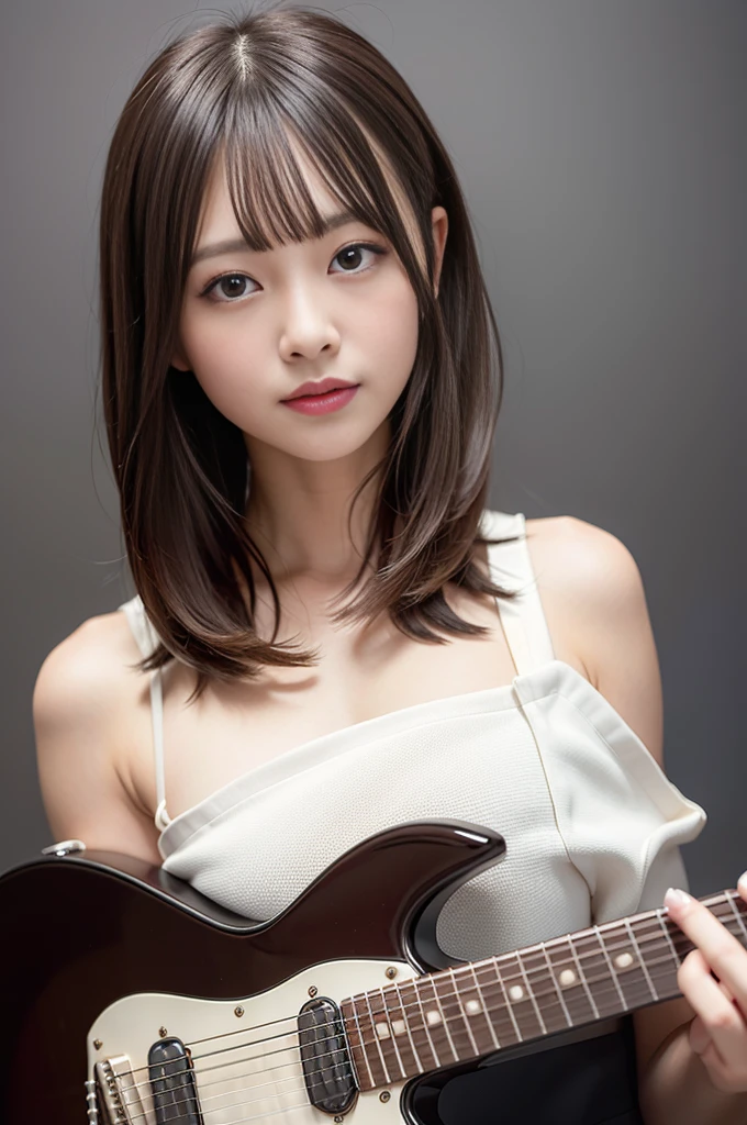 (8K, Raw photo:1.2),Detailed face and eyes,Best Quality, 超A high resolution, Highly detailed ,intricate detailes ,masutepiece ,Cute Girl , Soft cinematic light, Hyper-detailing, High quality,A dark-haired, bob cuts, NSFW,Wearing a dress、（holding an electric guitar）、White background、full body Esbian