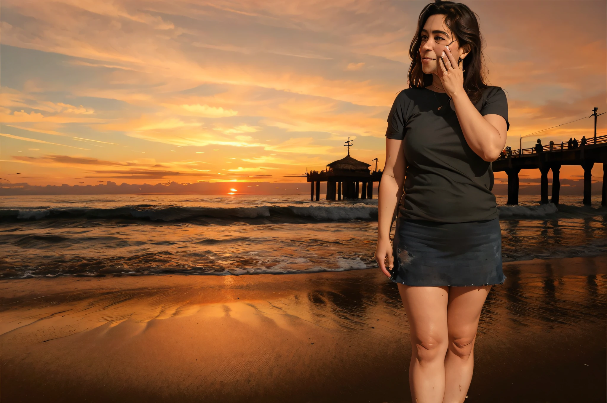 there is a woman standing on the beach with her hand on her face, at the beach on a sunset, on the beach at sunset, on the beach during sunset, standing on the beach at sunset, foto de praia, on the beach at sunset, standing at the beach, tiro ambiental, em uma praia, nascer do sol, foto de retrato de pintura fosca, in the sunset, Giantess