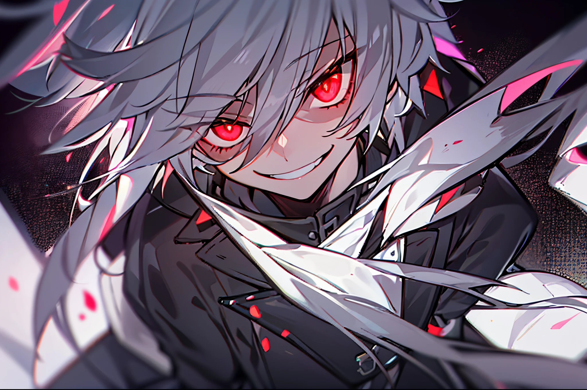 hight resolution,close range、Anime boy with white hair and red eyes staring at camera, Glowing red eyes,slim, dressed in a black outfit,Shadow Body,colorful backdrop,hair messy,Aggressive smile, Diagonal angle