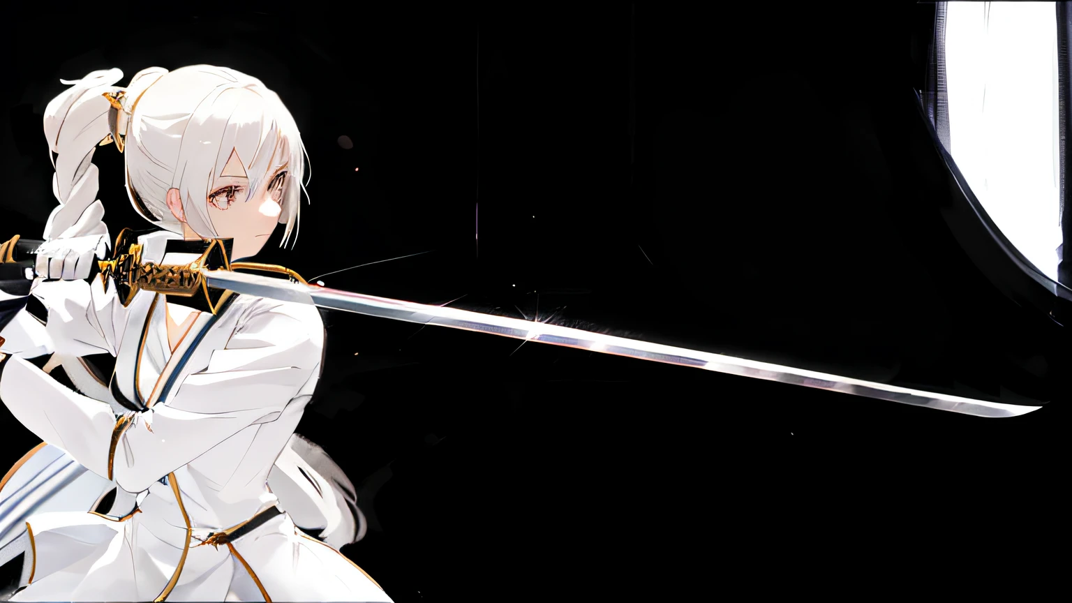 anime girl with sword in hand in a dark room, anime fencer, rapier, swinging reflective rapier, white fox anime, she is holding a sword, buster sword, unsheathing her rapier, dramatic wielding sword pose, sabre zero, holding sabre, cel shaded anime, she is holding a rapier sword