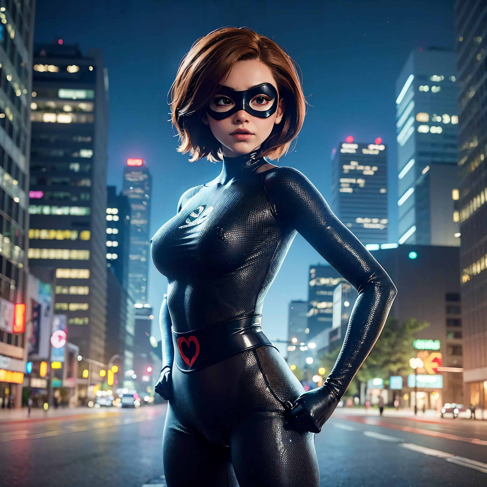 Helen Parr, Mind Control, Working for Evil, brown hair, Her eyes glow pink, A black mask covering the eyes, deadpan, BREAK bare shoulders, Black latex leotard, Clothes Cutout, domino mask, heart cutout, knee pad, Leotard, Mask, shoulder cut out, thick thighs, thighs thighs thighs thighs, Wrestling Mask, wrestling outfit,BREAK (masutepiece:1.2), Best Quality, High resolution, (Illustration:0.8), (Beautiful detailed eyes:1.6), extra detailed face, Perfect Lighting, extremely details CG, (Perfect hands, Perfect Anatomy),