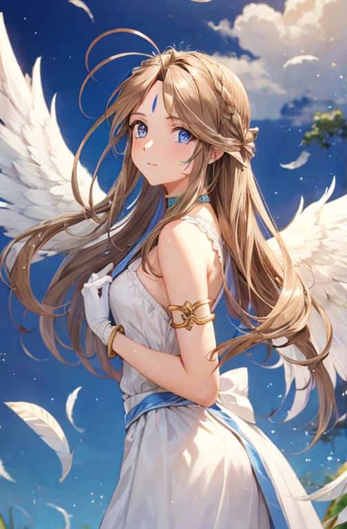 (masterpiece), best quality, high resolution, belldandy, long hair, blue eyes, brown hair, facial mark, forehead mark, gloves, wings, choker, bracelet, ring, feathers, angel wings, view from side:0.6, (forrest:1.1), stand, 20 years old