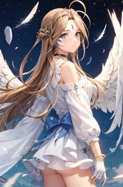 (masterpiece), best quality, high resolution, belldandy, long hair, blue eyes, brown hair, facial mark, forehead mark, gloves, wings, choker, bracelet, ring, feathers, angel wings, view from side:0.6, (forrest:1.1), stand, 20 years old