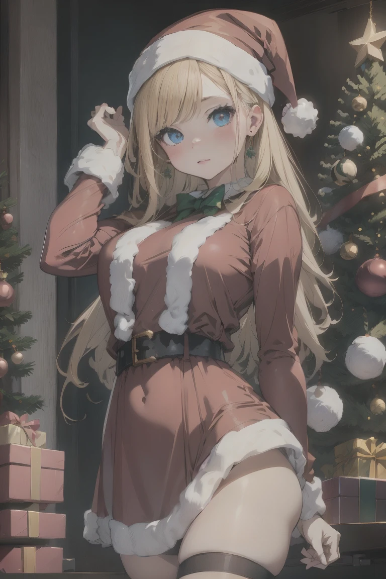 Santa Claus Cosplay、Cute Girl、cowboy  shot、Christmas tree、The background is a large gift box、