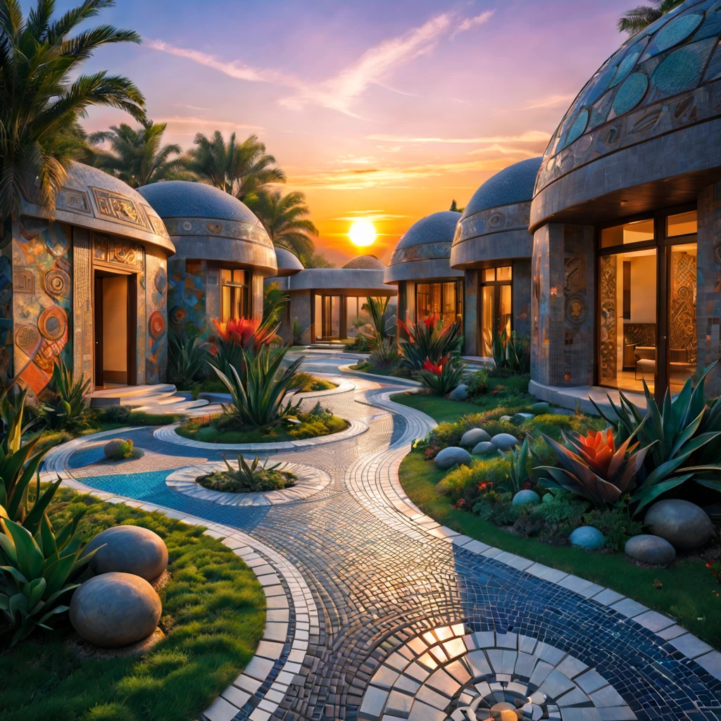 tribal style,Utopian,afofuturism,Postmodern,Villas,an outside garden, mosaic stone road, the sunset,tribal sculpture、