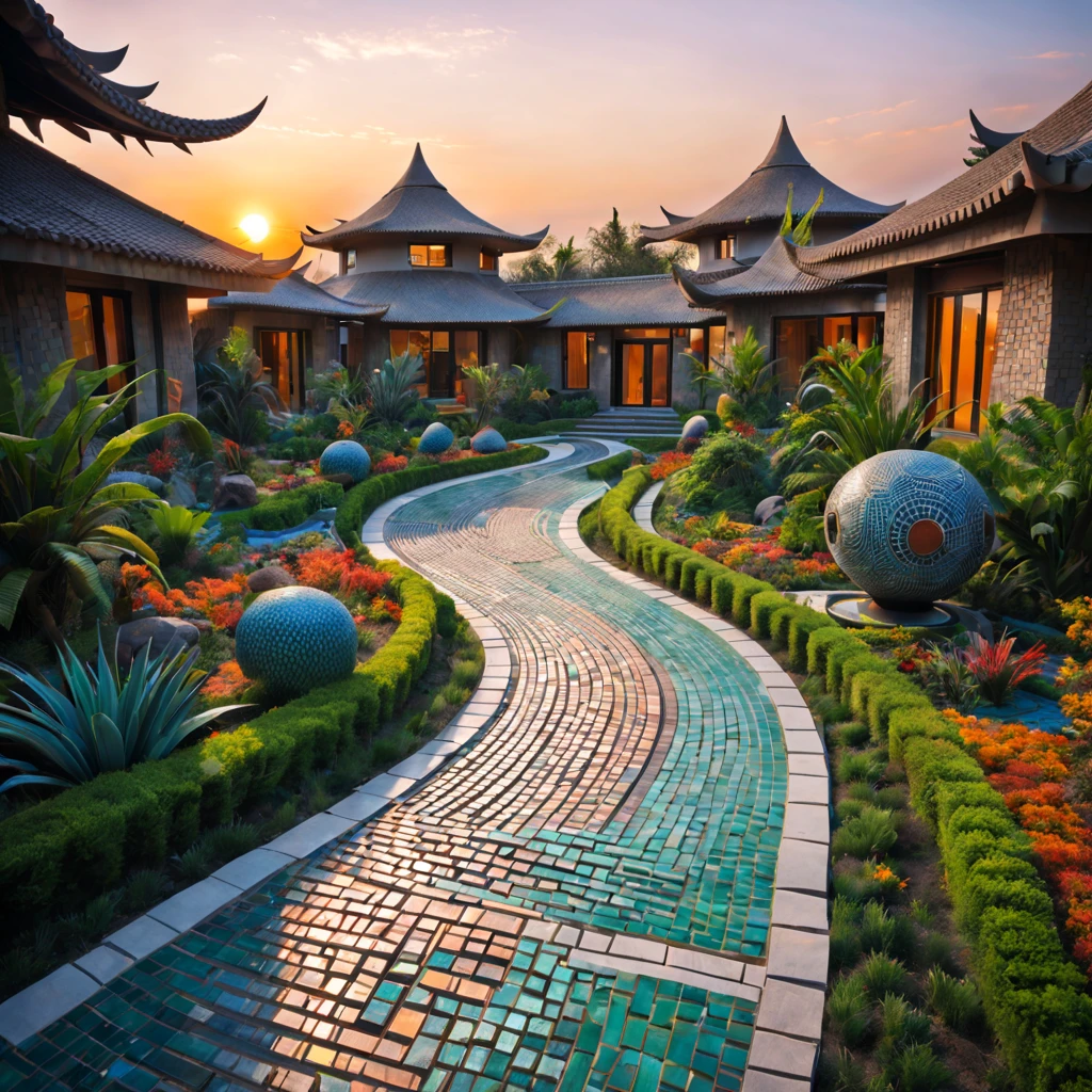 tribal style,Utopian,afofuturism,Postmodern,Villas,an outside garden, mosaic stone road, the sunset,tribal sculpture、