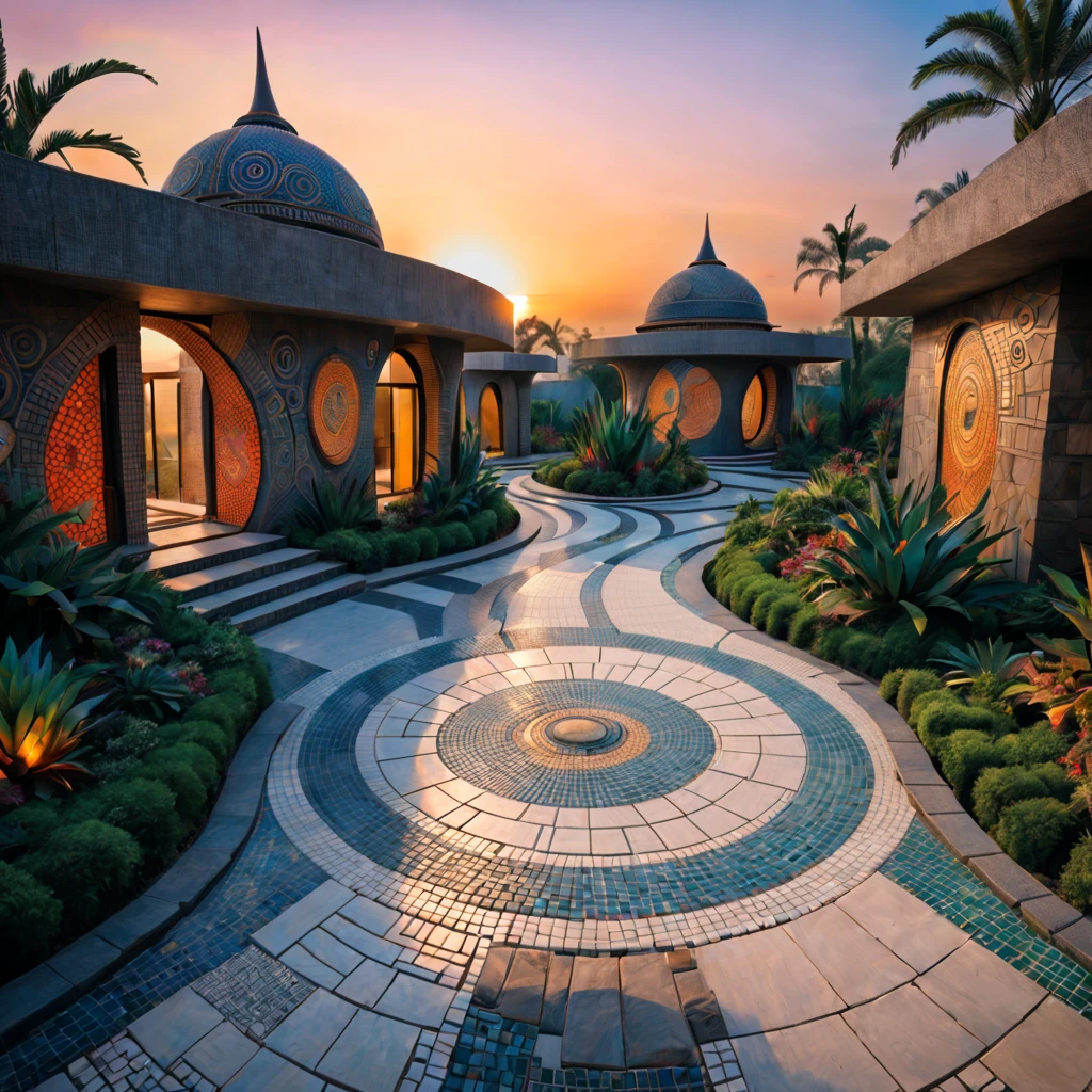 tribal style,Utopian,afofuturism,Postmodern,Villas,an outside garden, mosaic stone road, the sunset,tribal sculpture、