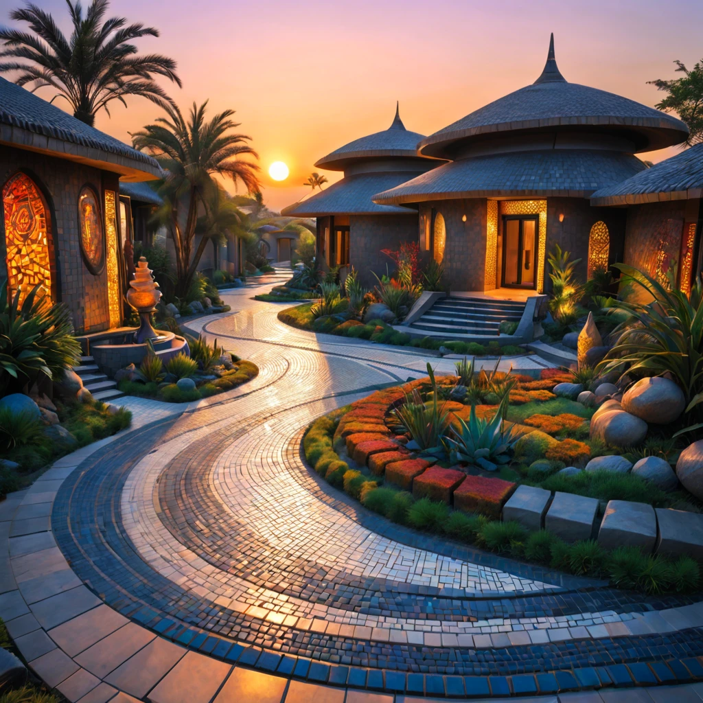 tribal style，Utopian，afofuturism，Postmodern，Villas，an outside garden, mosaic stone road, the sunset,tribal sculpture、